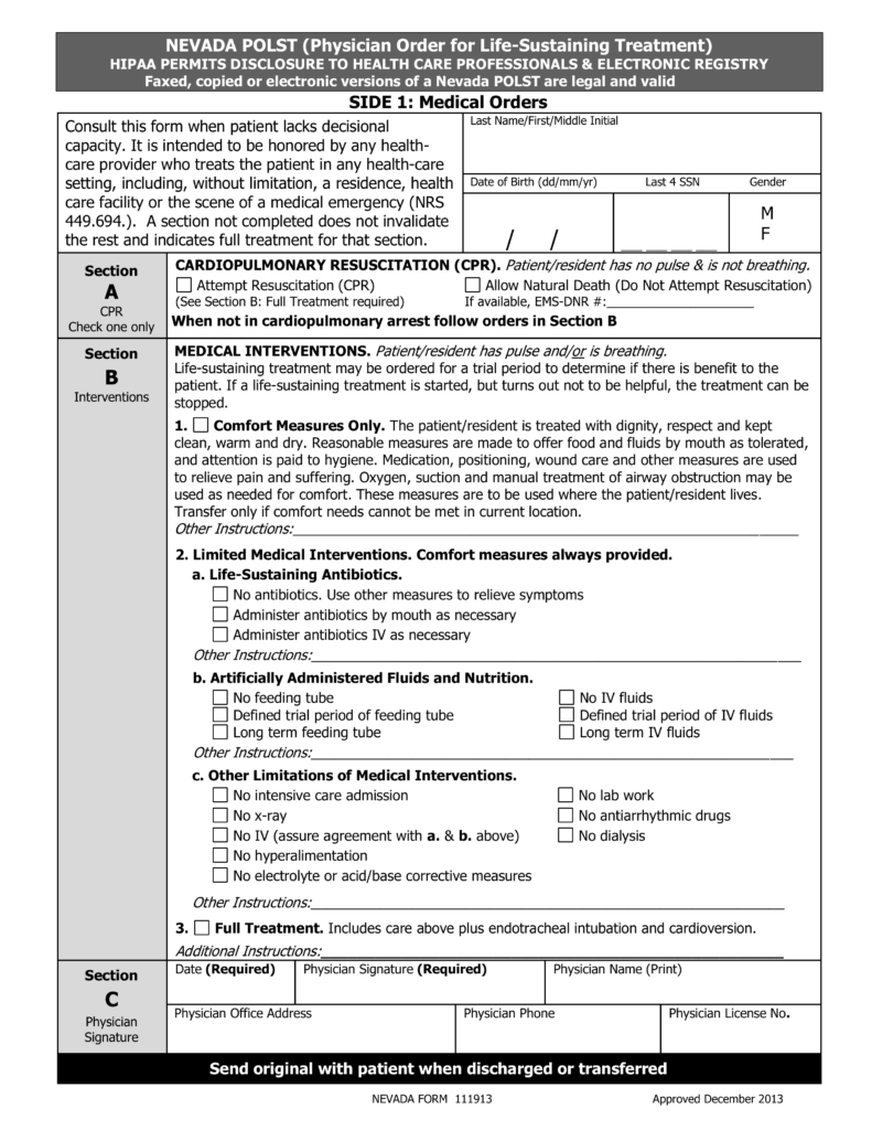 Free Nevada Do Not Resuscitate (DNR) Order Form PDF eForms