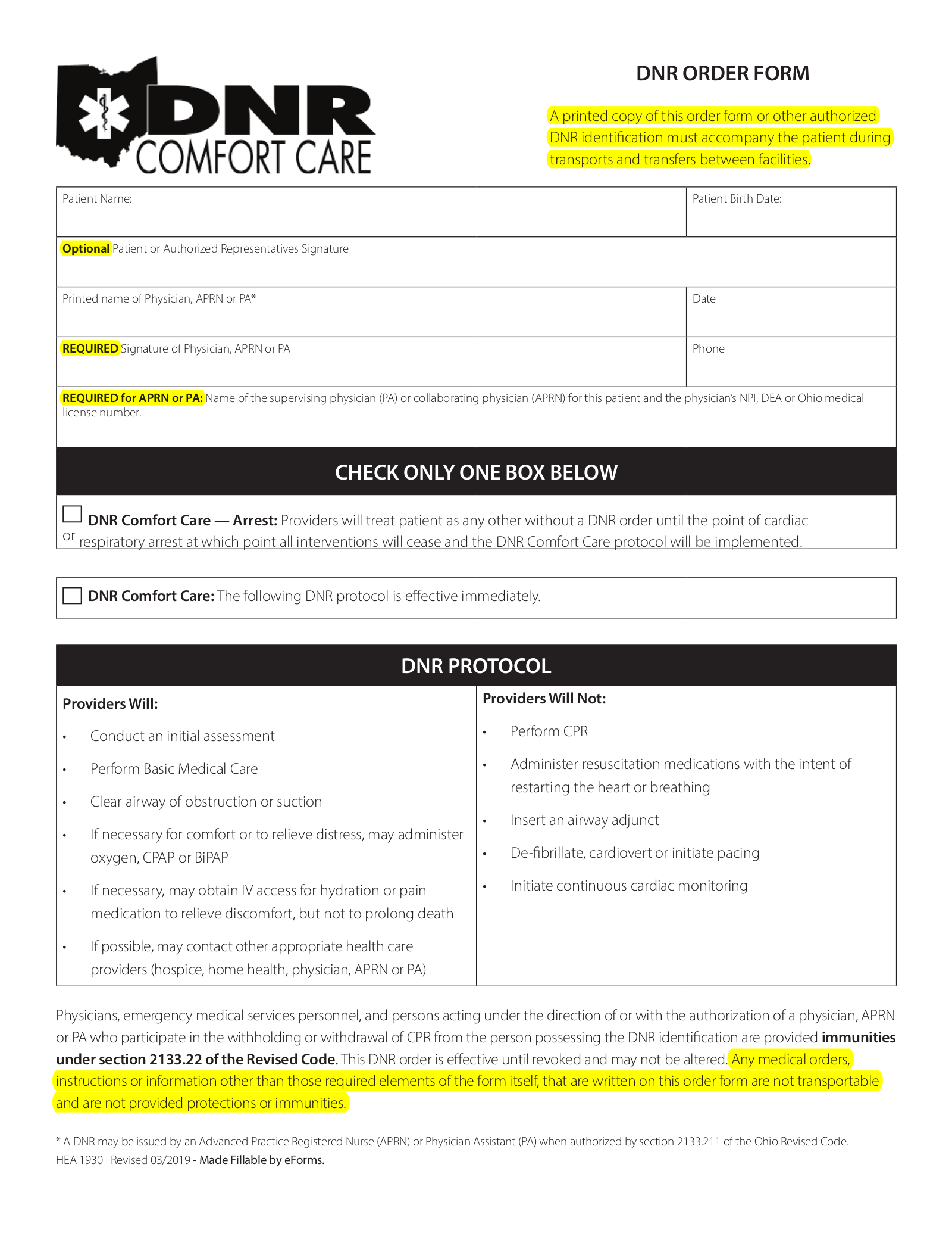 Free Ohio Do Not Resuscitate (DNR) Order Form - PDF – eForms