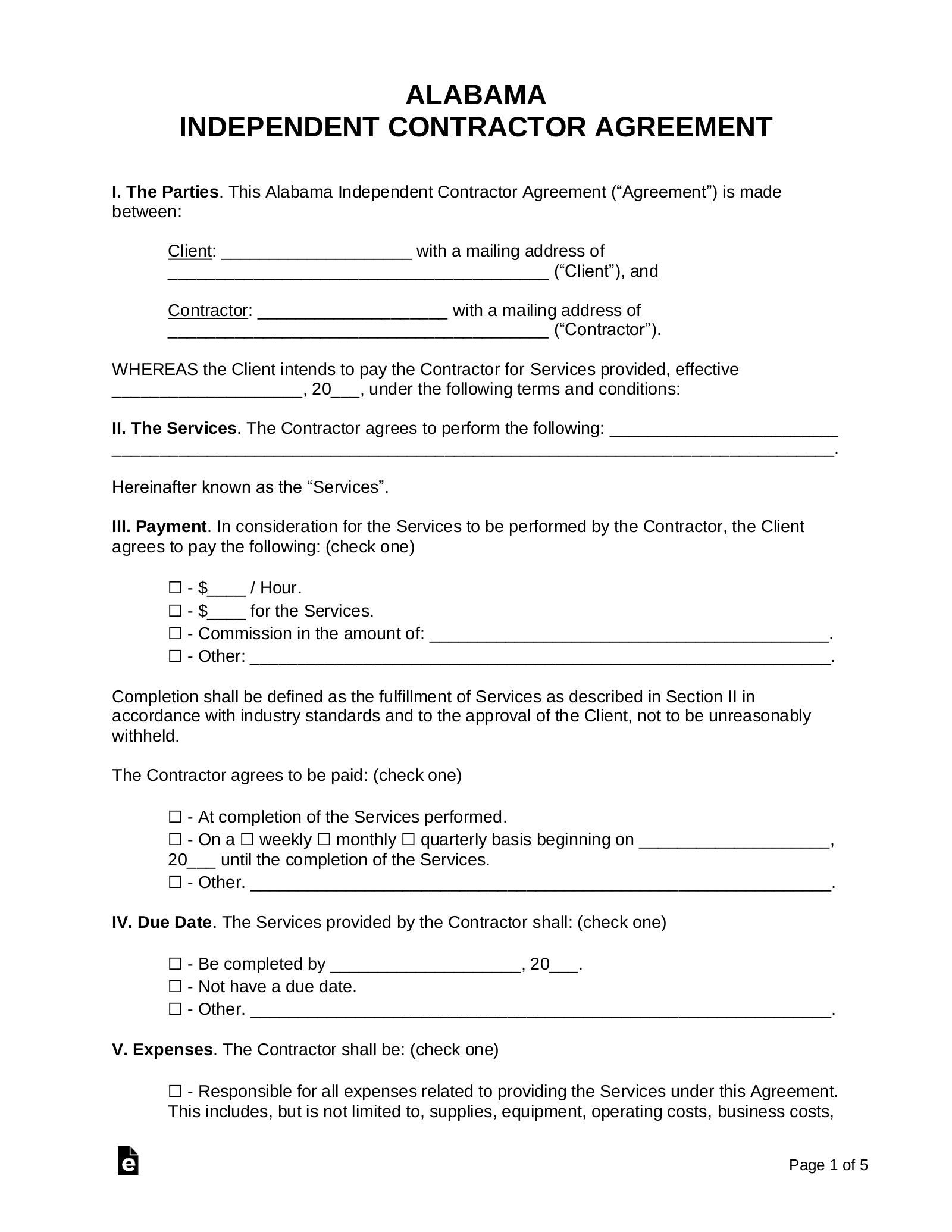 Free Alabama Independent Contractor Agreement Template PDF Word