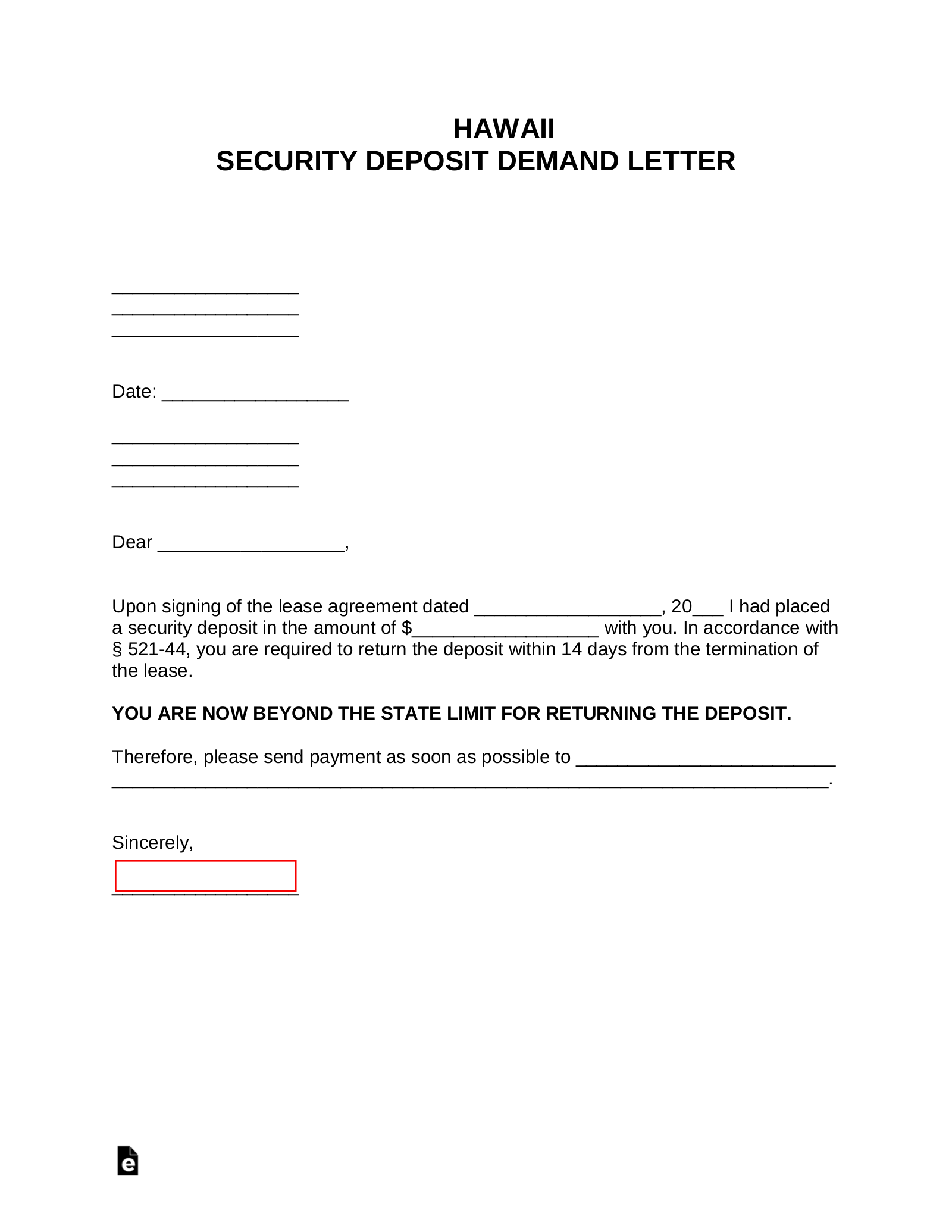 Free Hawaii Security Deposit Demand Letter PDF Word eForms