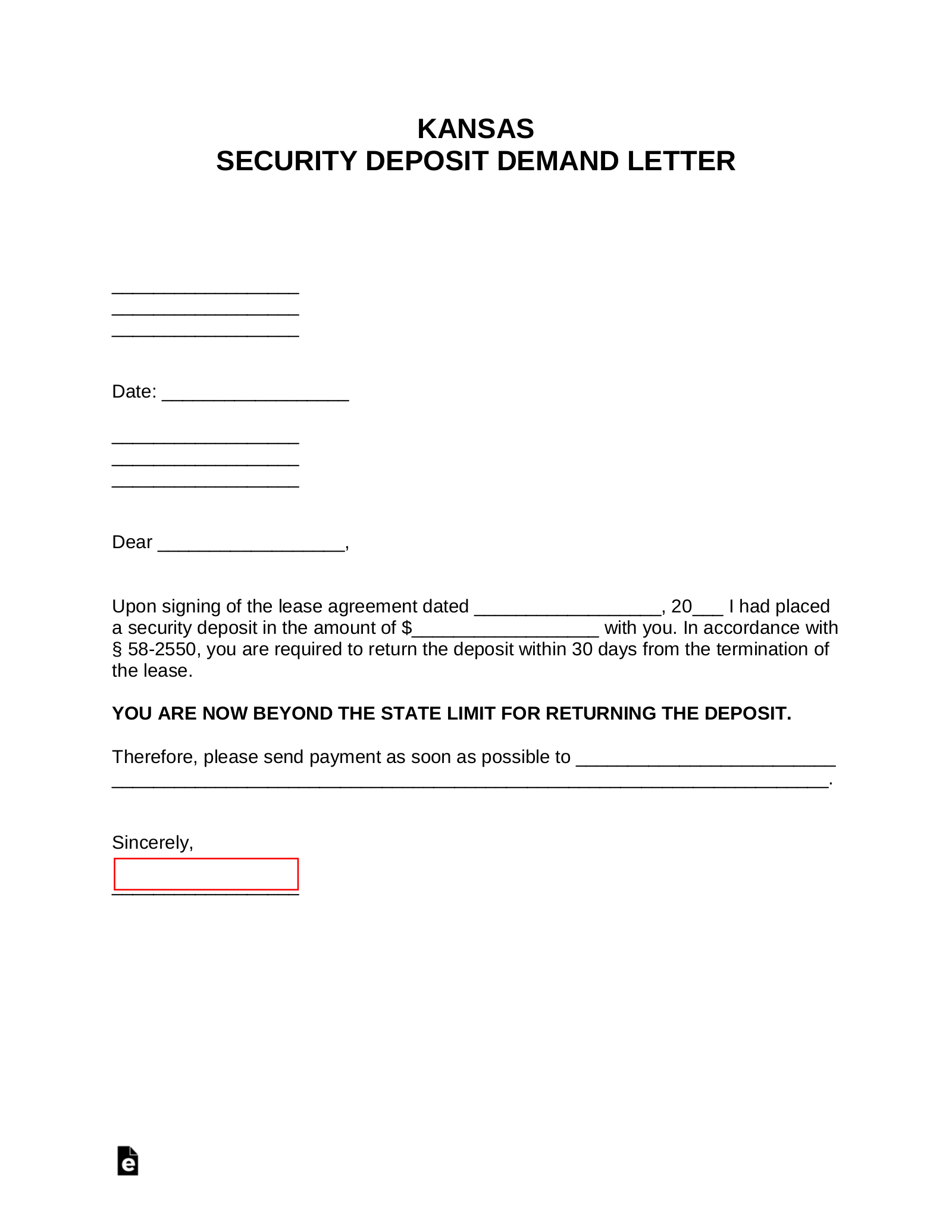 Free Kansas Security Deposit Demand Letter PDF Word eForms