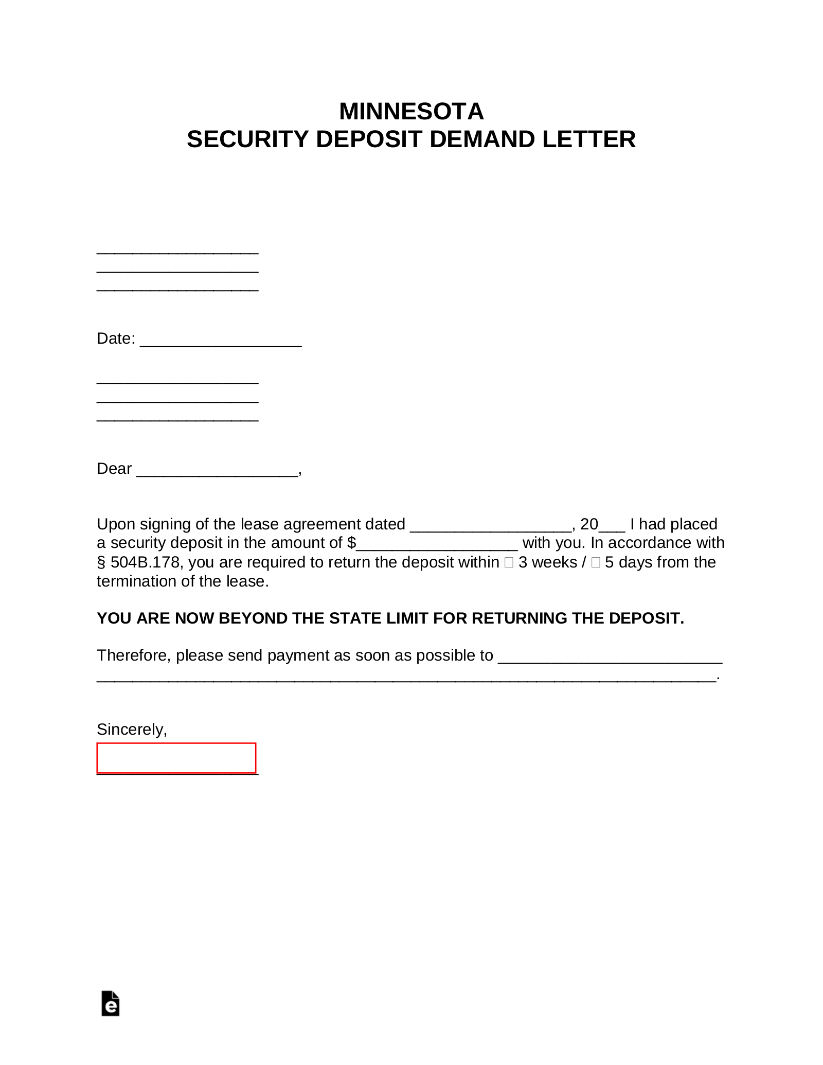 Free Minnesota Security Deposit Demand Letter PDF Word eForms