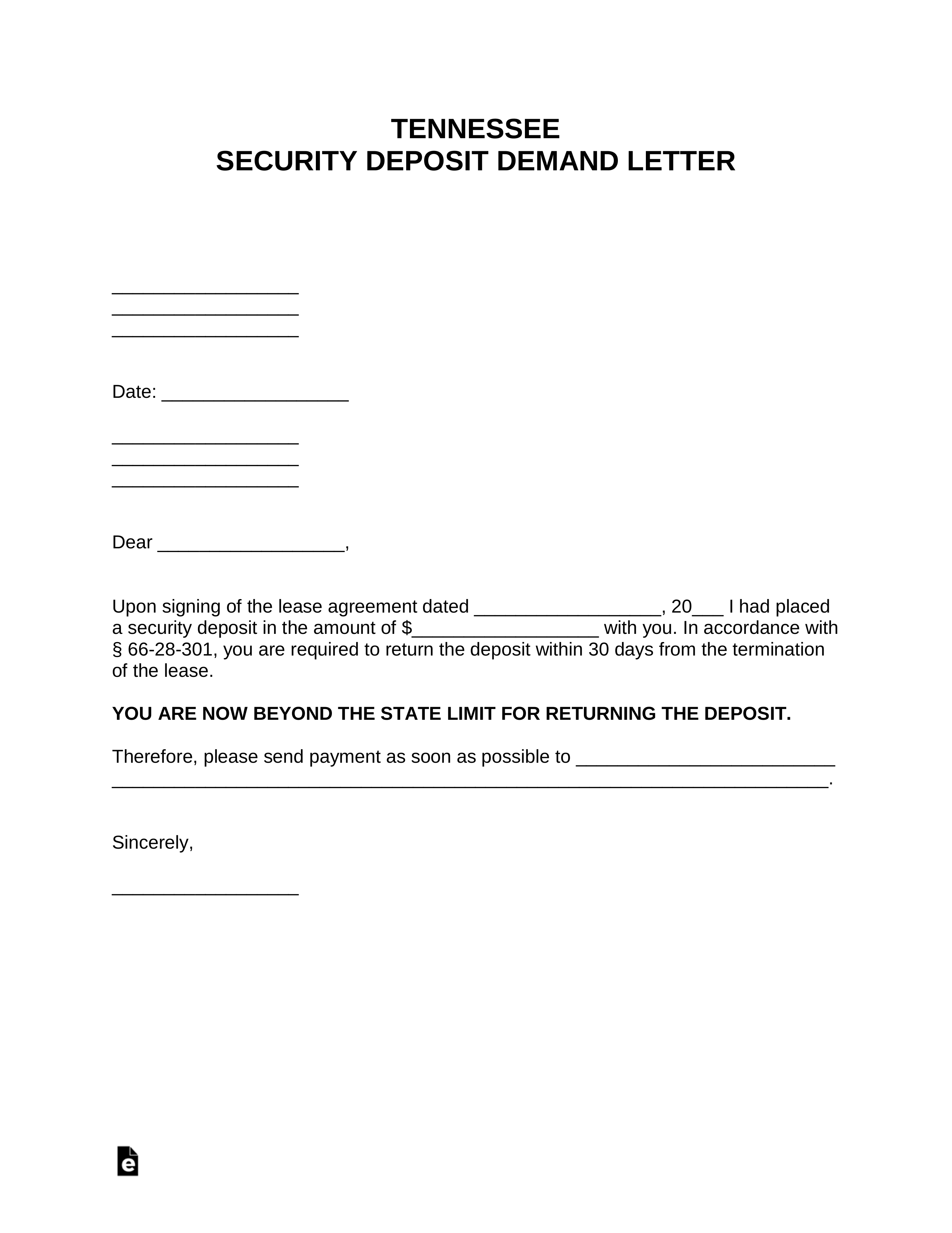 Free Tennessee Security Deposit Demand Letter PDF Word eForms