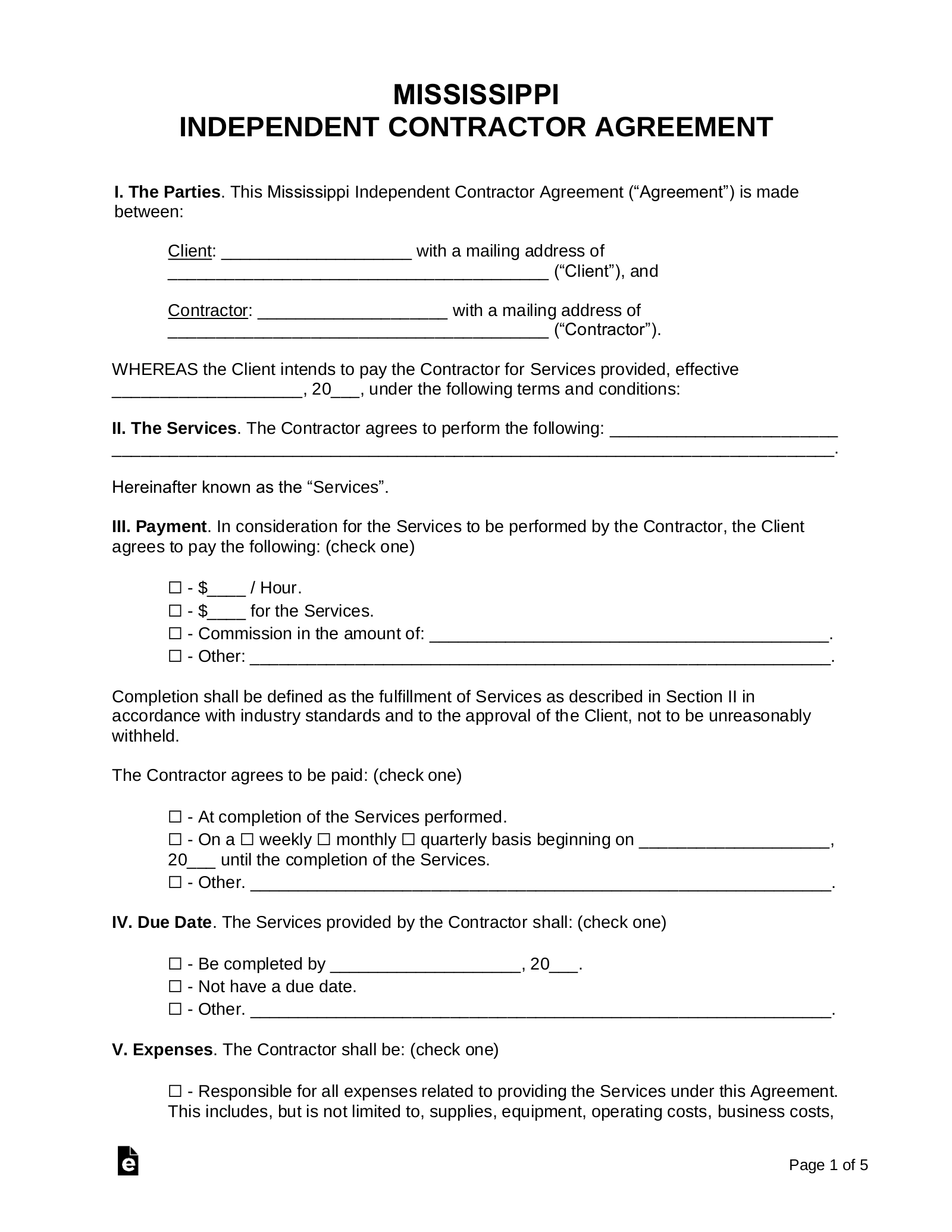 Free Mississippi Independent Contractor Agreement Template PDF Word eForms