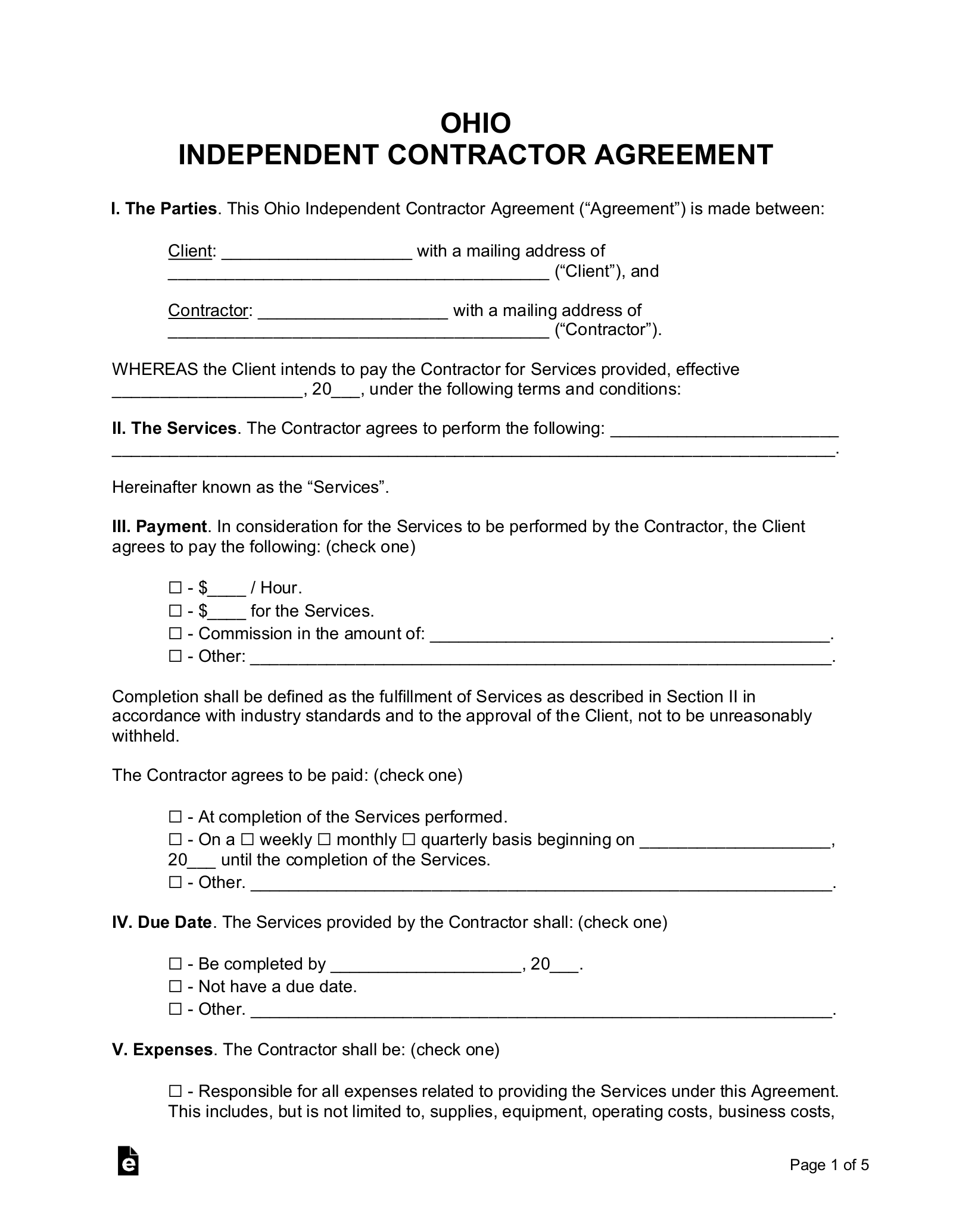 Free Ohio Independent Contractor Agreement Template PDF Word eForms