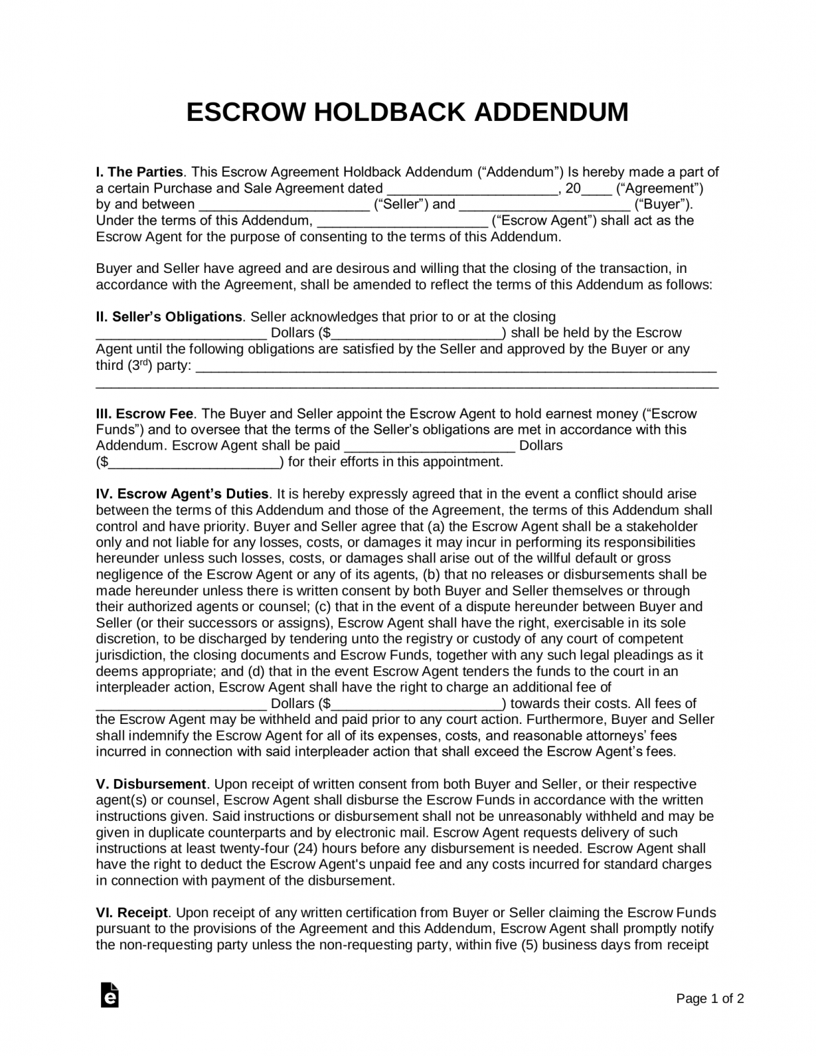 Free Escrow Holdback Agreement Addendum PDF Word eForms