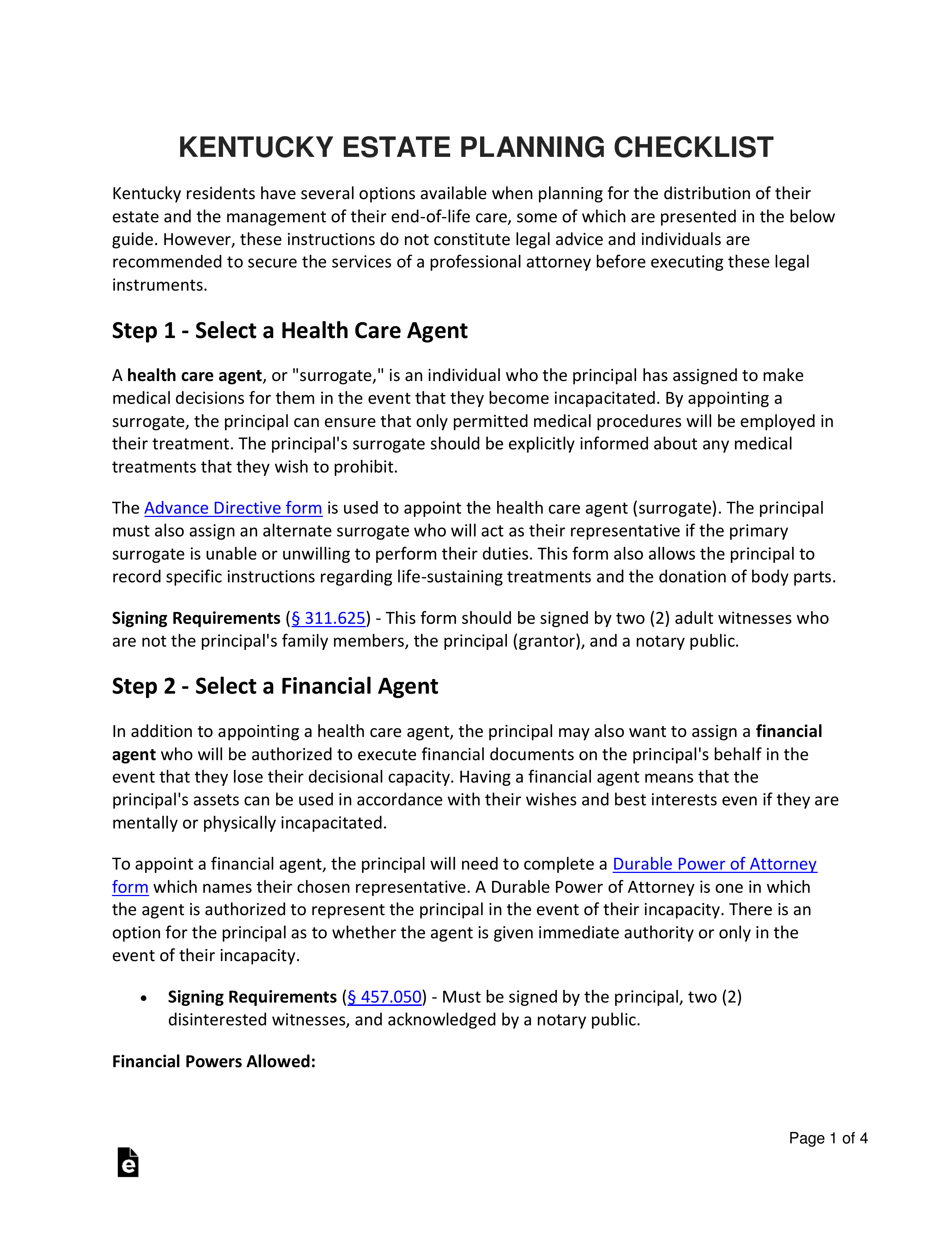 Free Kentucky Estate Planning Checklist PDF Word eForms