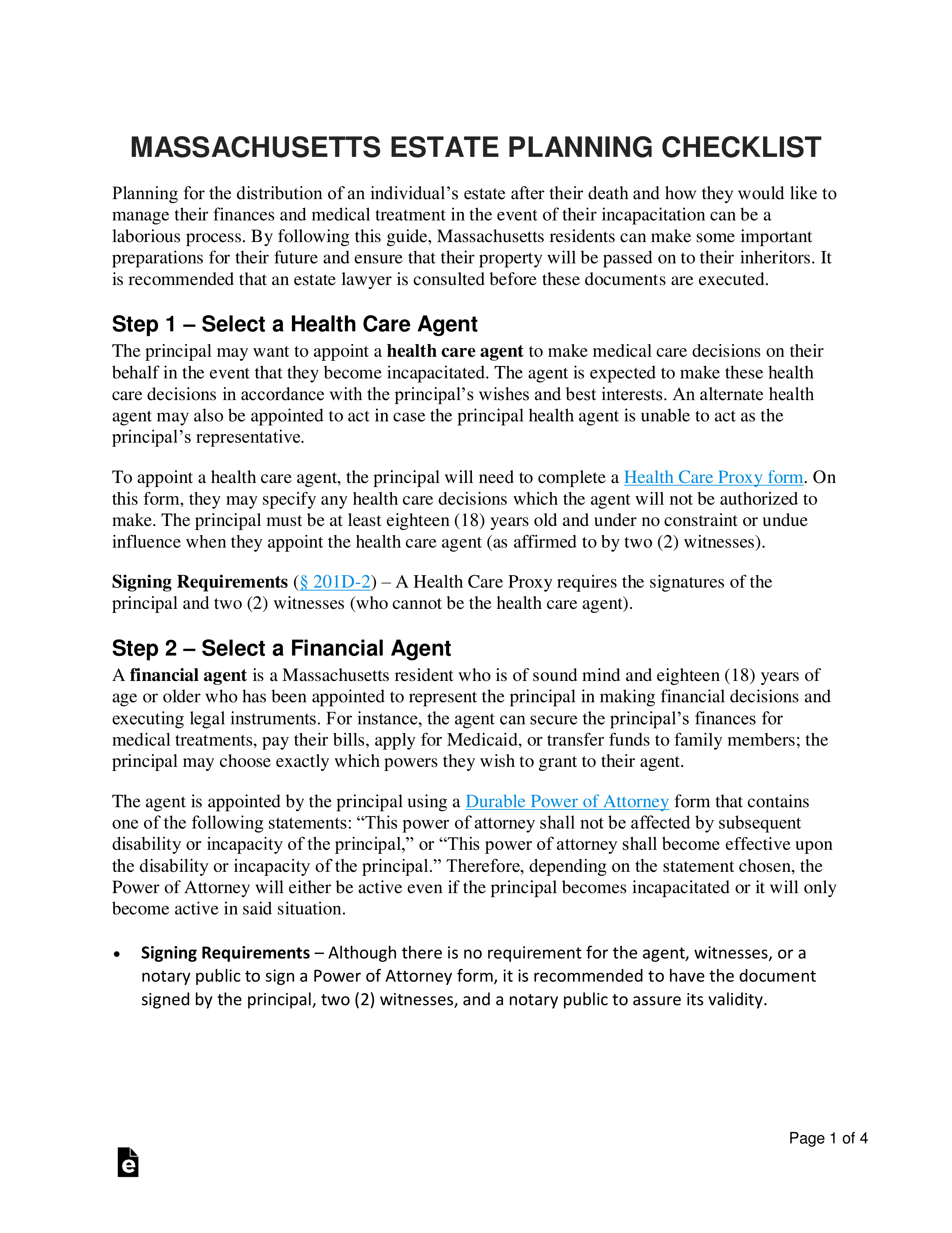 Free Massachusetts Estate Planning Checklist PDF Word eForms