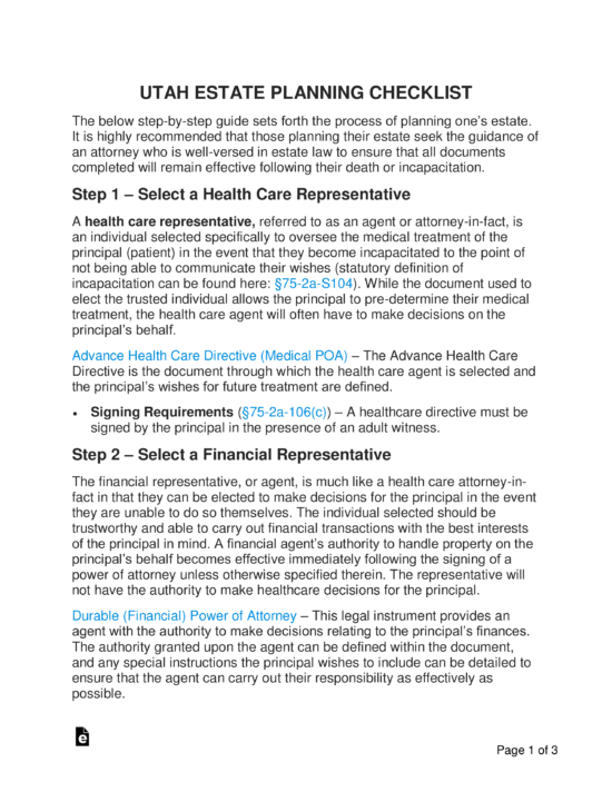 Free Utah Estate Planning Checklist PDF Word eForms