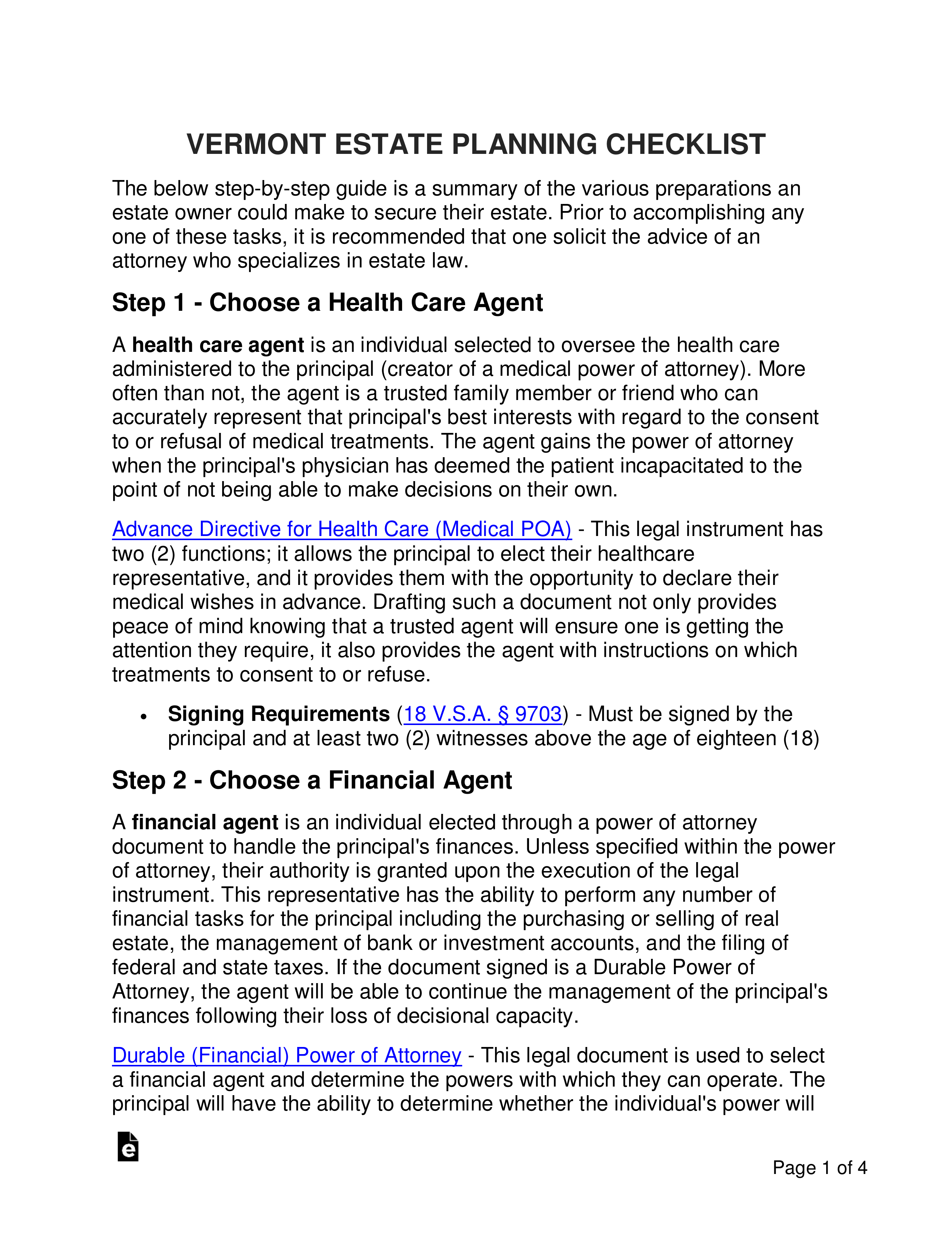 Free Vermont Estate Planning Checklist PDF Word eForms