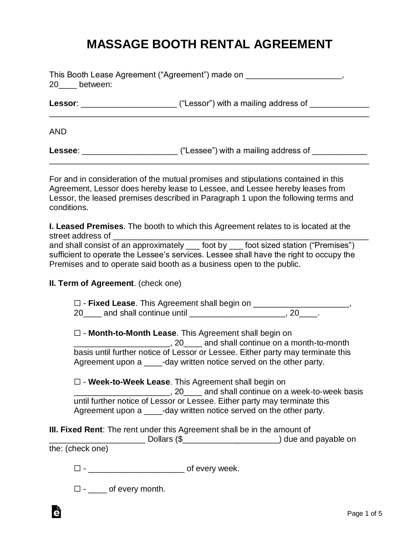 Free Massage Therapist (Booth) Rental Agreement - Word | PDF – eForms