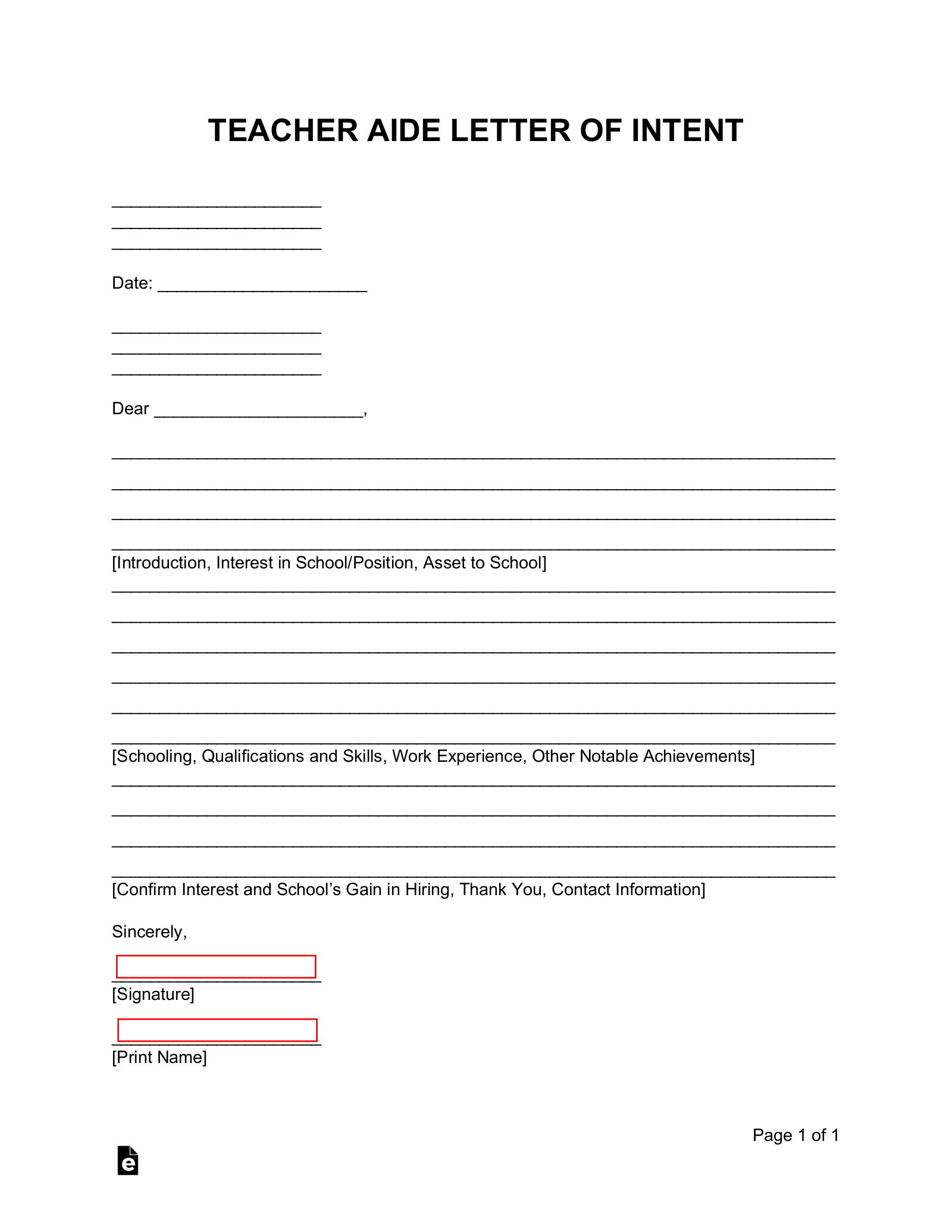 Teacher’s Aide Letter of Intent For a Position eForms