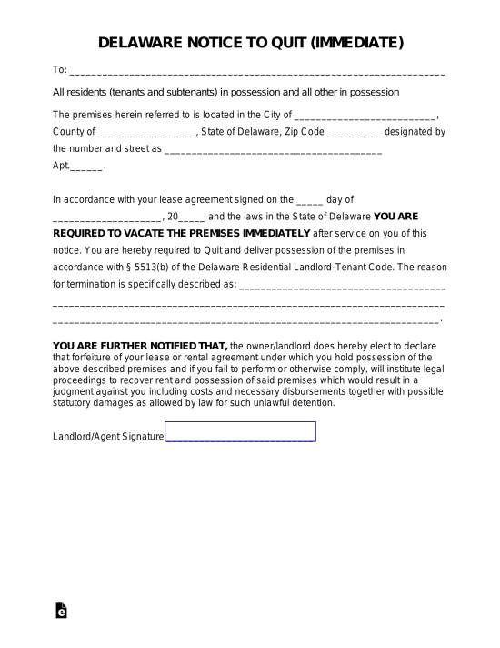 Free Delaware Eviction Notice Forms Process & Laws PDF Word eForms