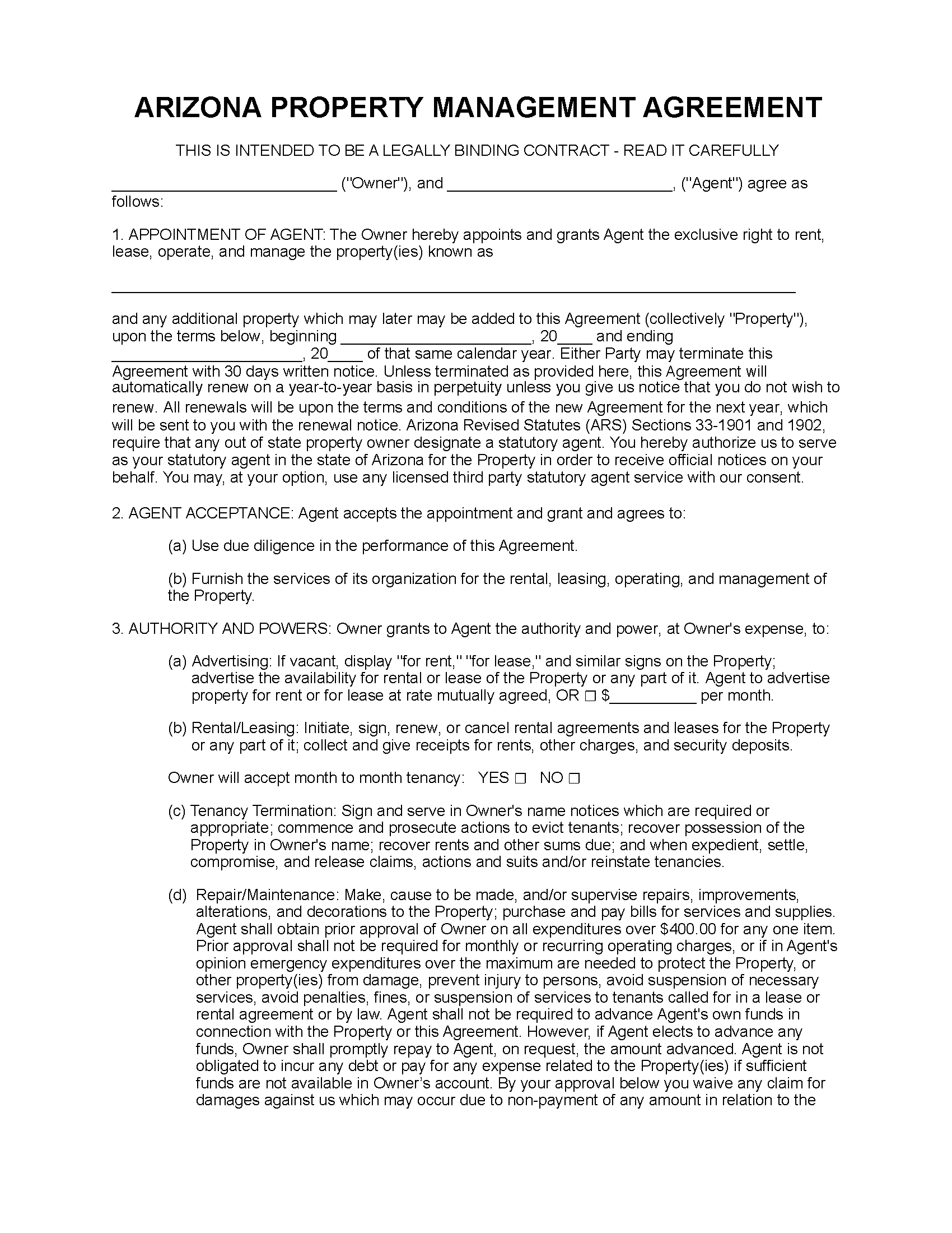 Free Arizona Property Management Agreement Commercial & Residential PDF Word eForms
