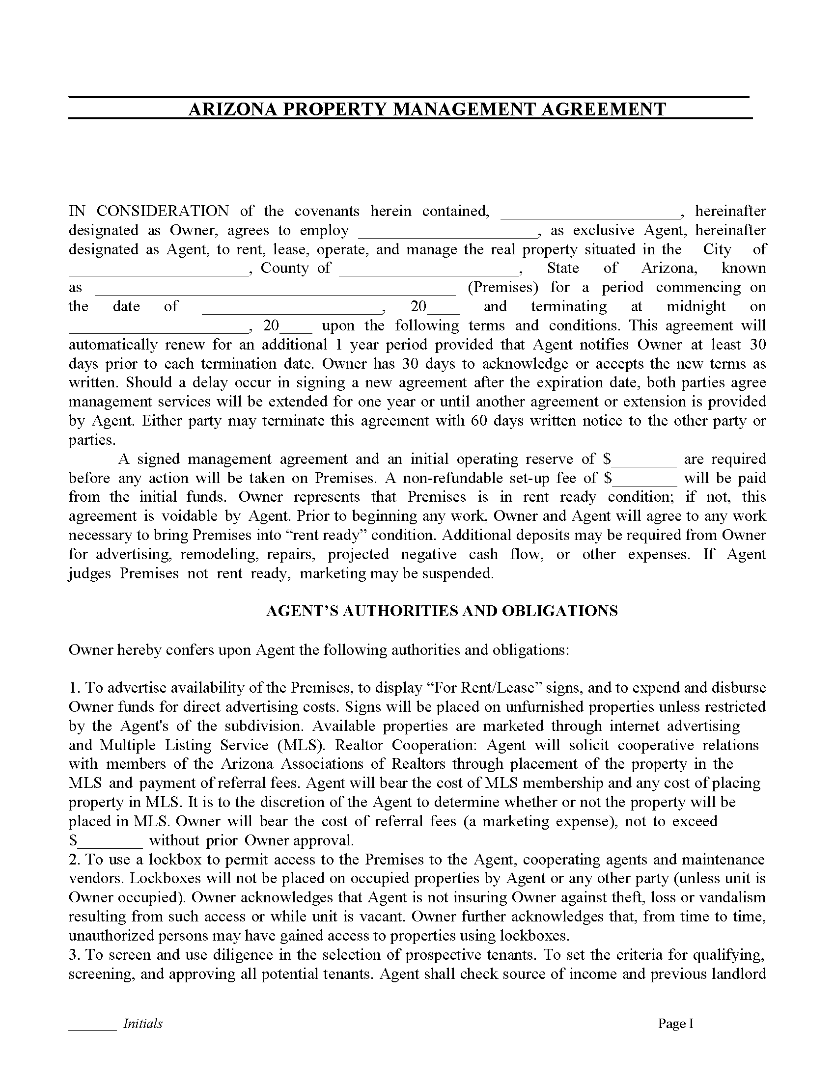 Free Arizona Property Management Agreement Commercial & Residential