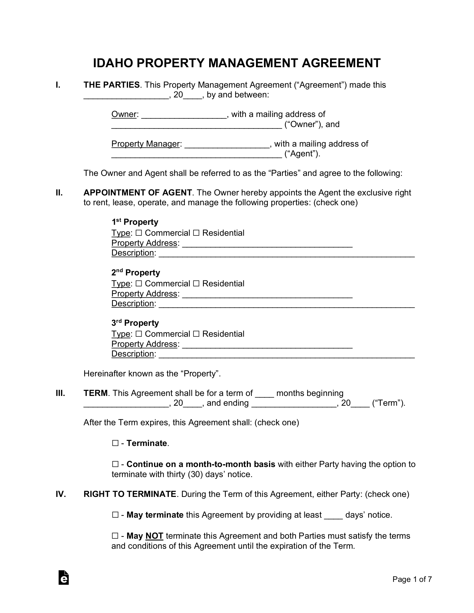Free Idaho Property Management Agreement Template PDF Word eForms