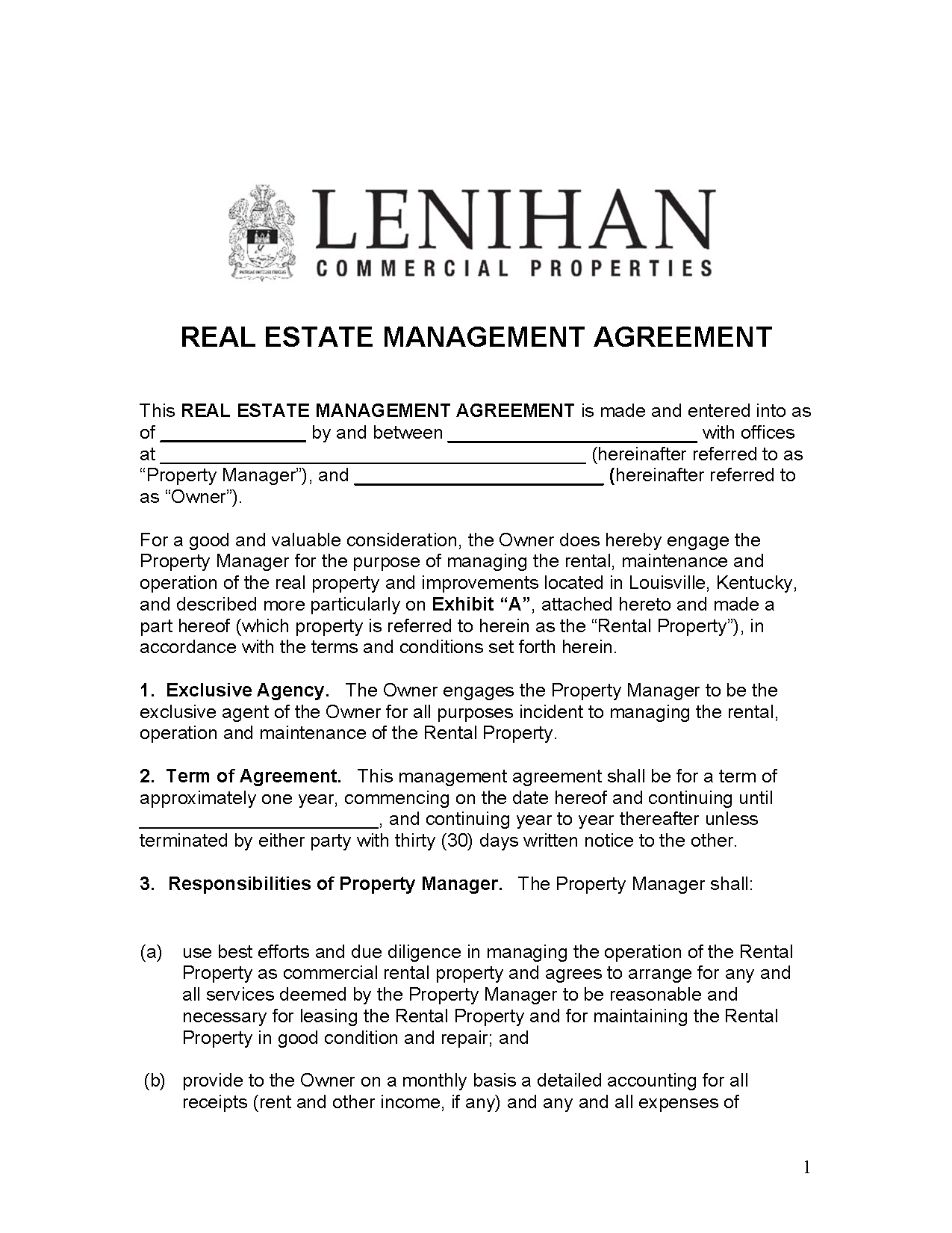 Free Kentucky Property Management Agreement Commercial & Residential