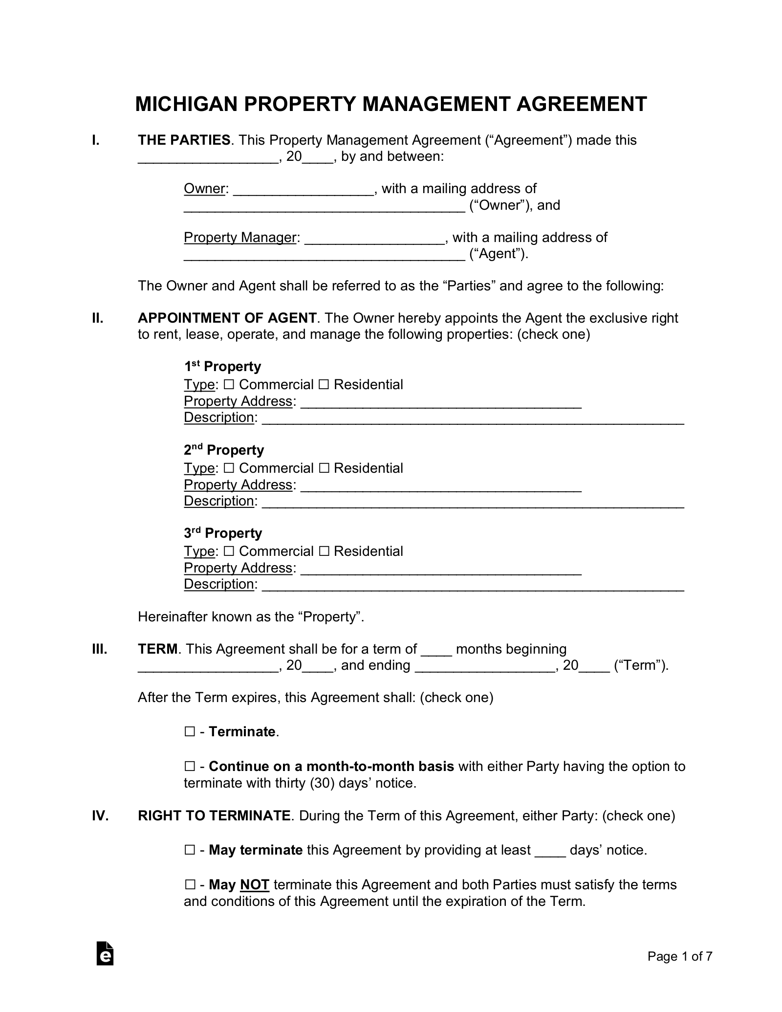 Free Michigan Property Management Agreement Template PDF Word eForms
