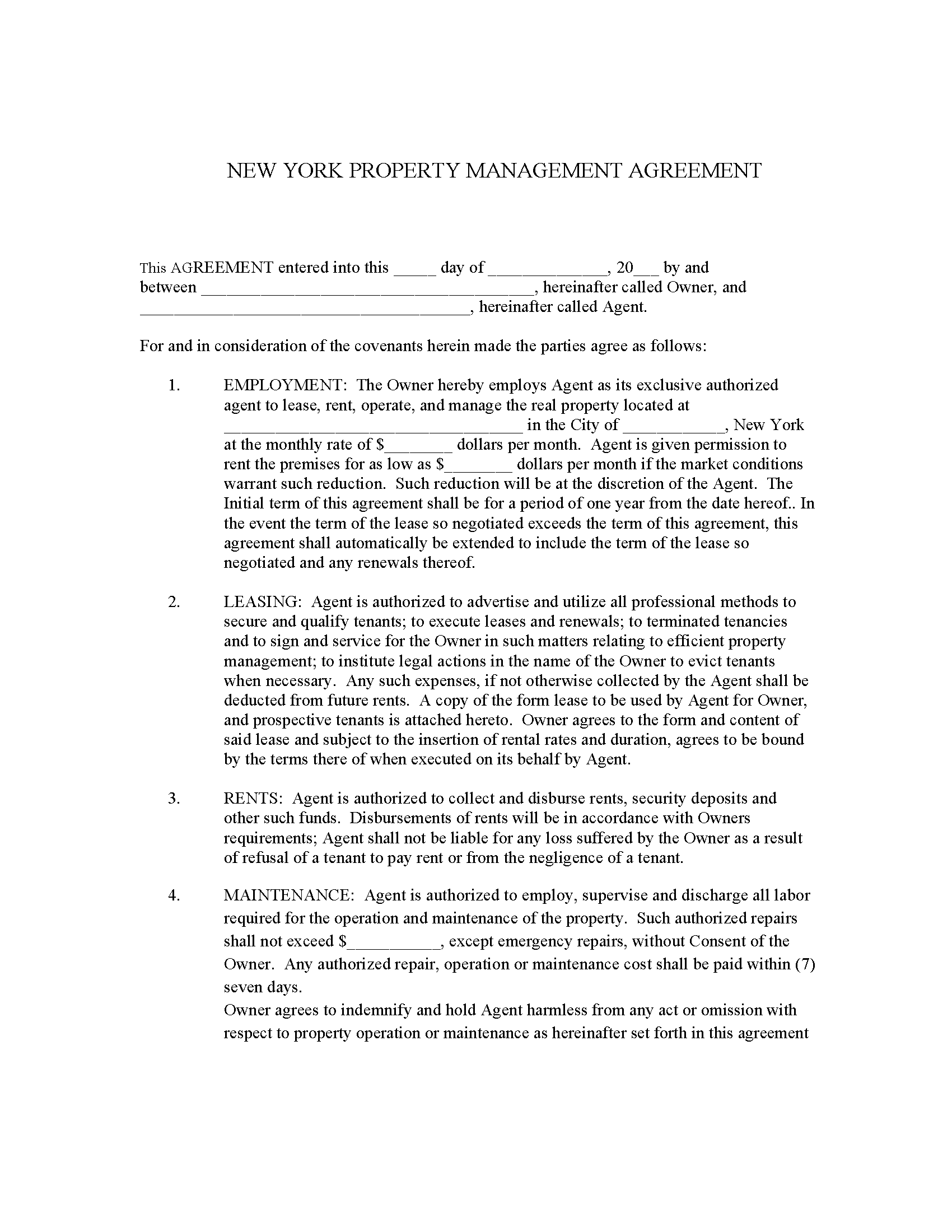 Free New York Property Management Agreement Commercial & Residential