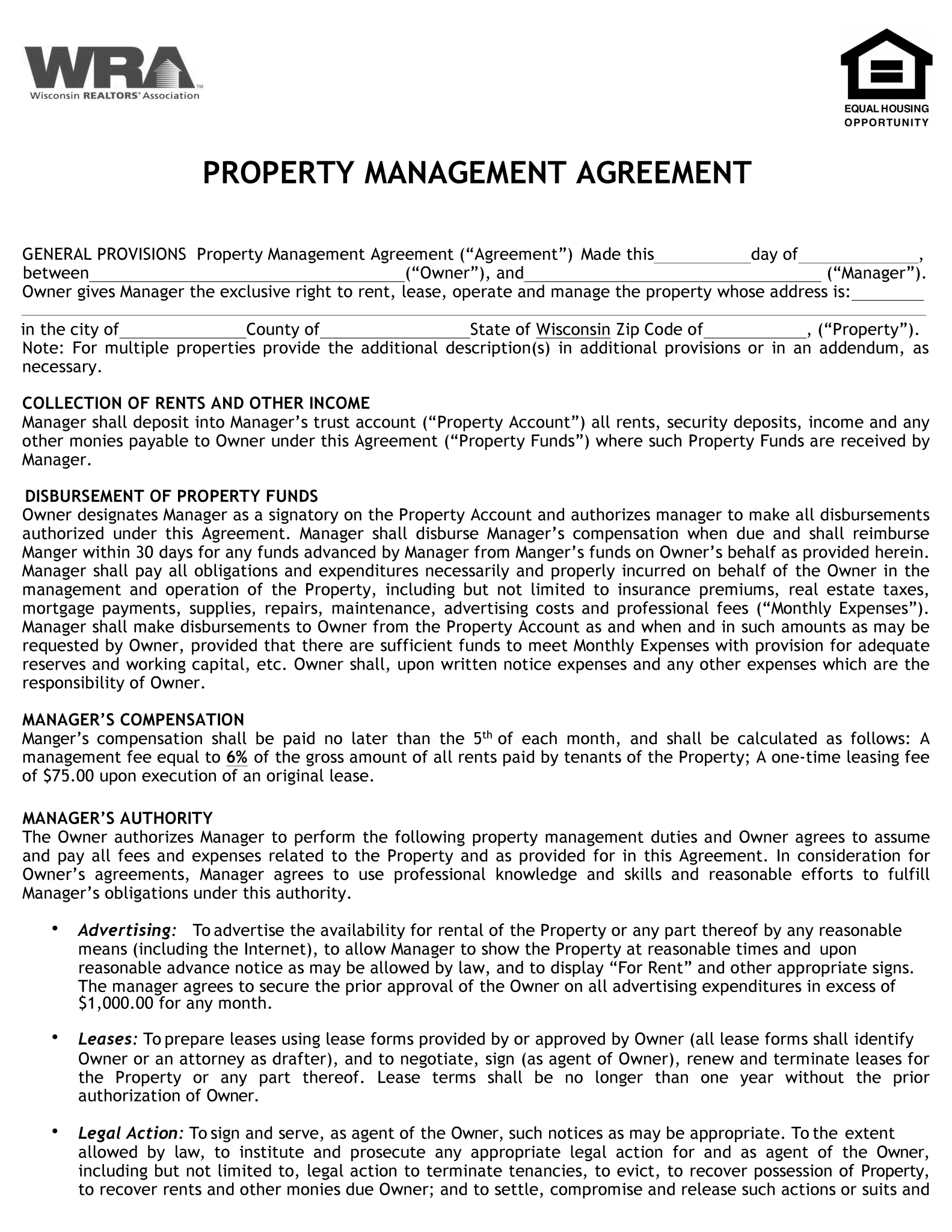 Free Wisconsin Property Management Agreement Commercial & Residential