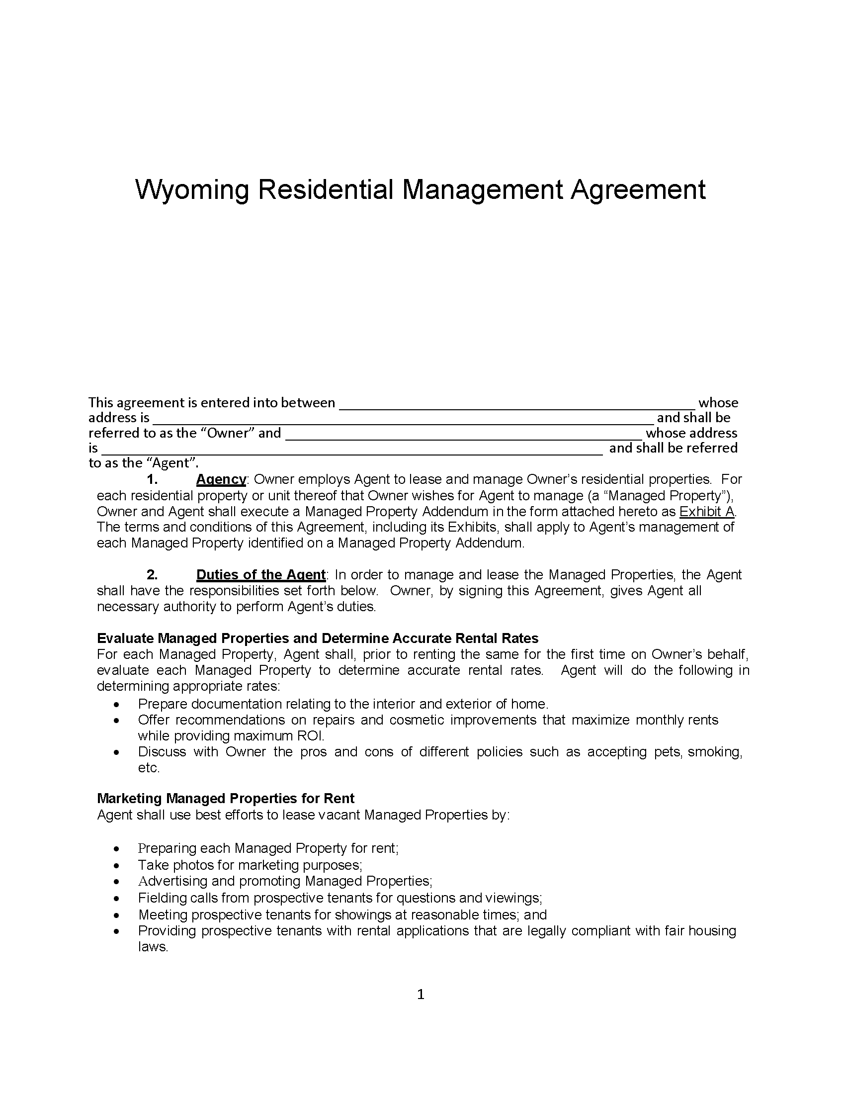 Free Wyoming Property Management Agreement Commercial & Residential