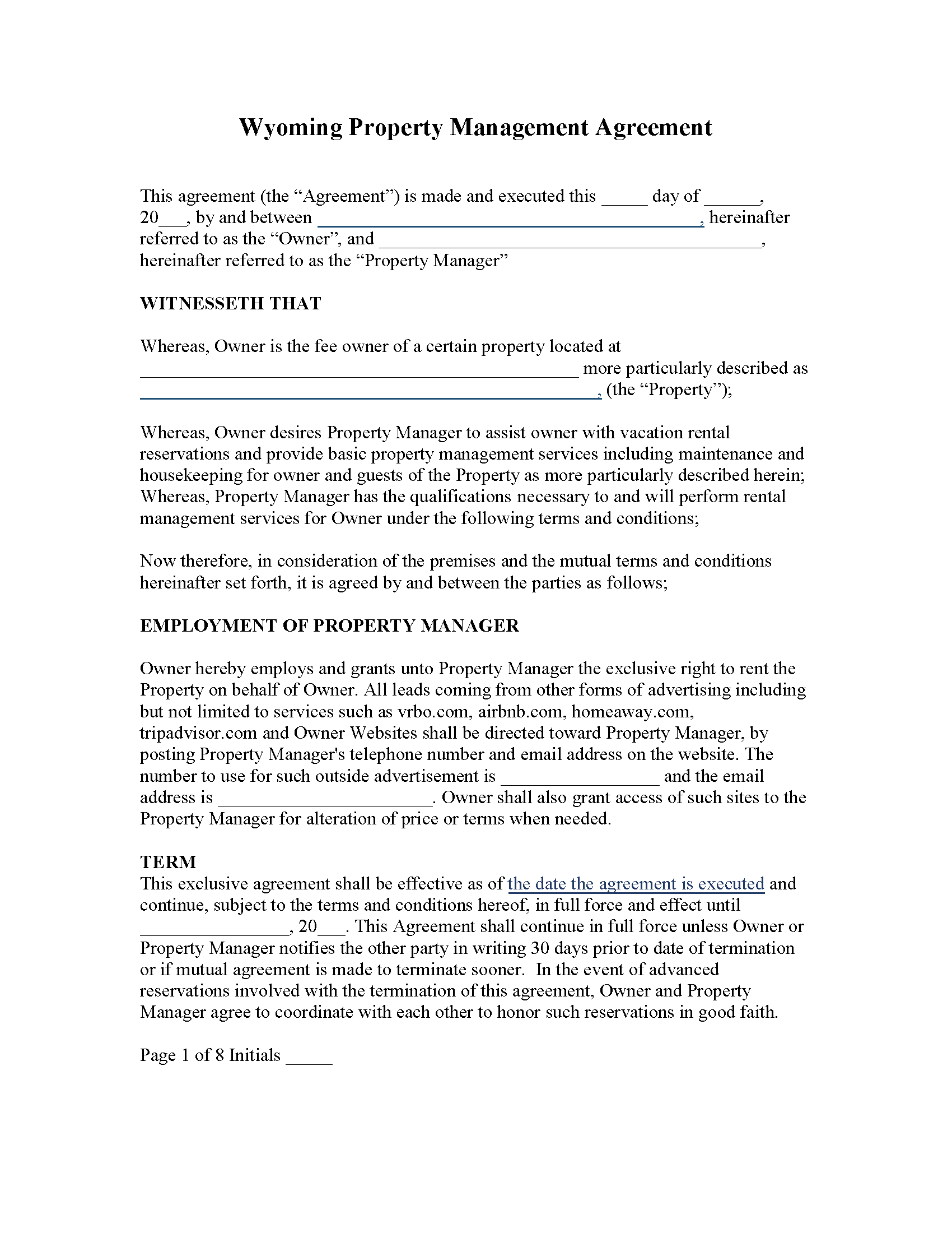 Free Wyoming Property Management Agreement Commercial & Residential