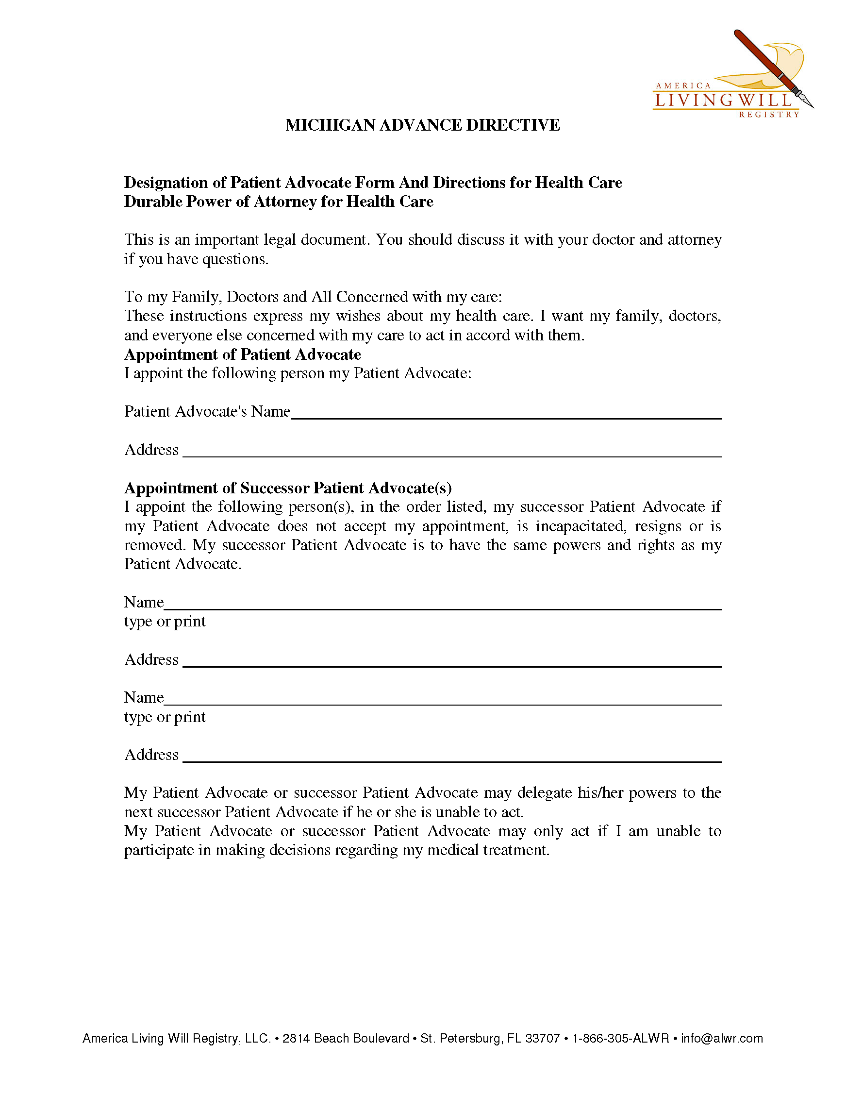 Free Michigan Advance Directive Form - PDF – eForms