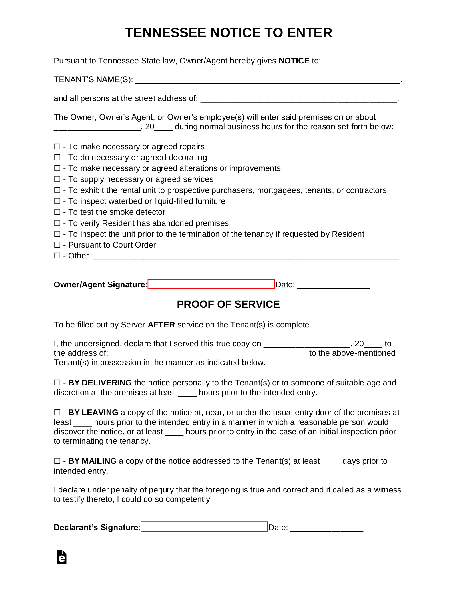 Free Tennessee Landlord Notice to Enter Form PDF Word eForms