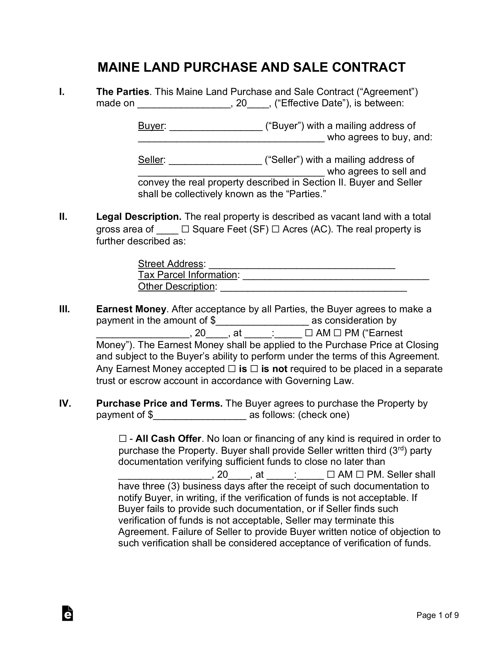 Free Maine Land Contract Template PDF Word eForms