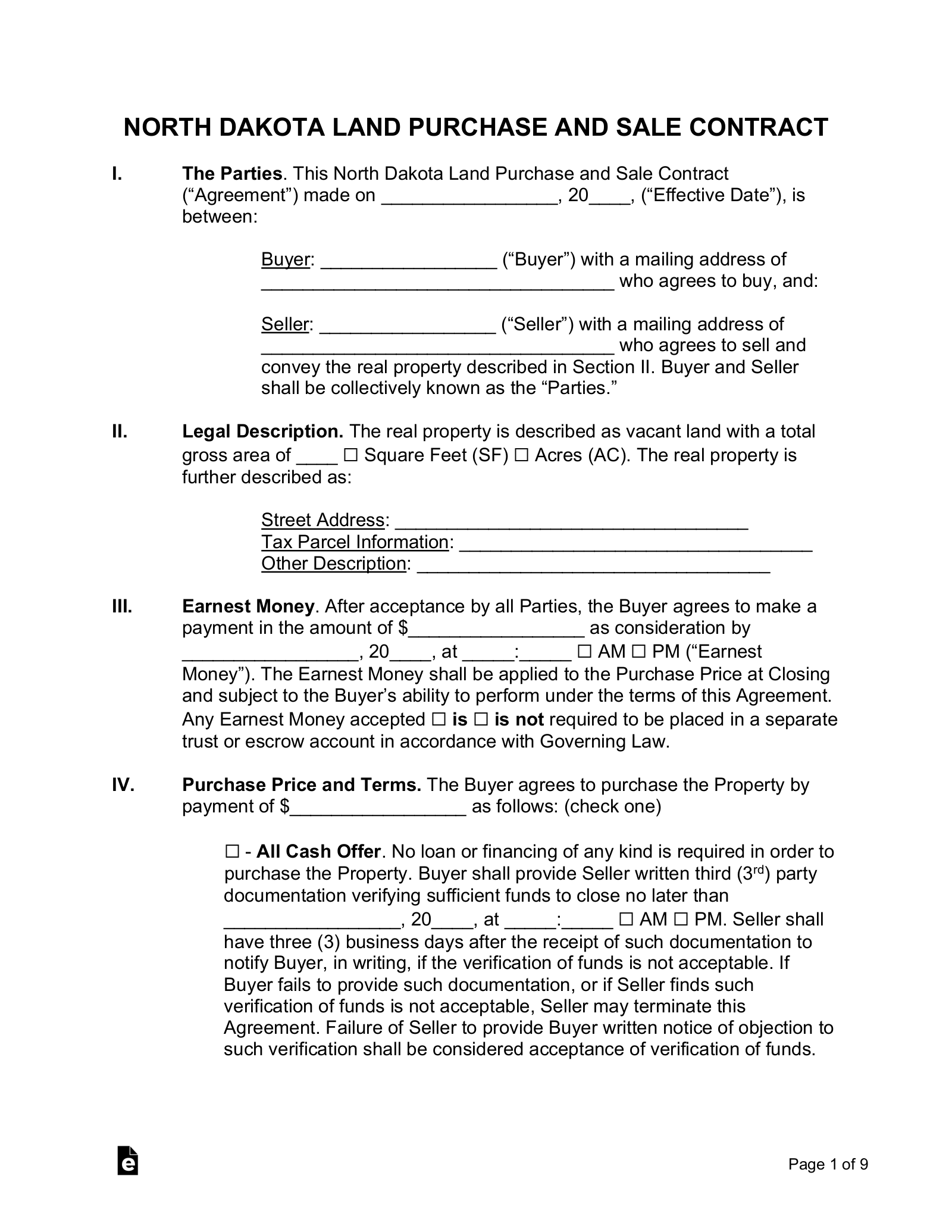 Free North Dakota Land Contract Template PDF Word eForms