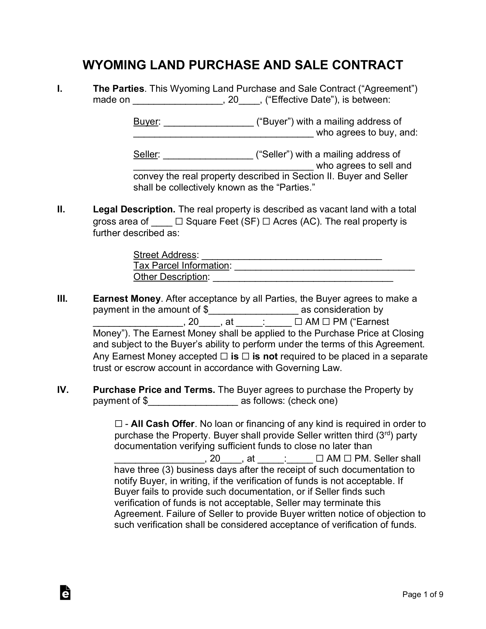 Free Wyoming Land Contract Template PDF Word eForms