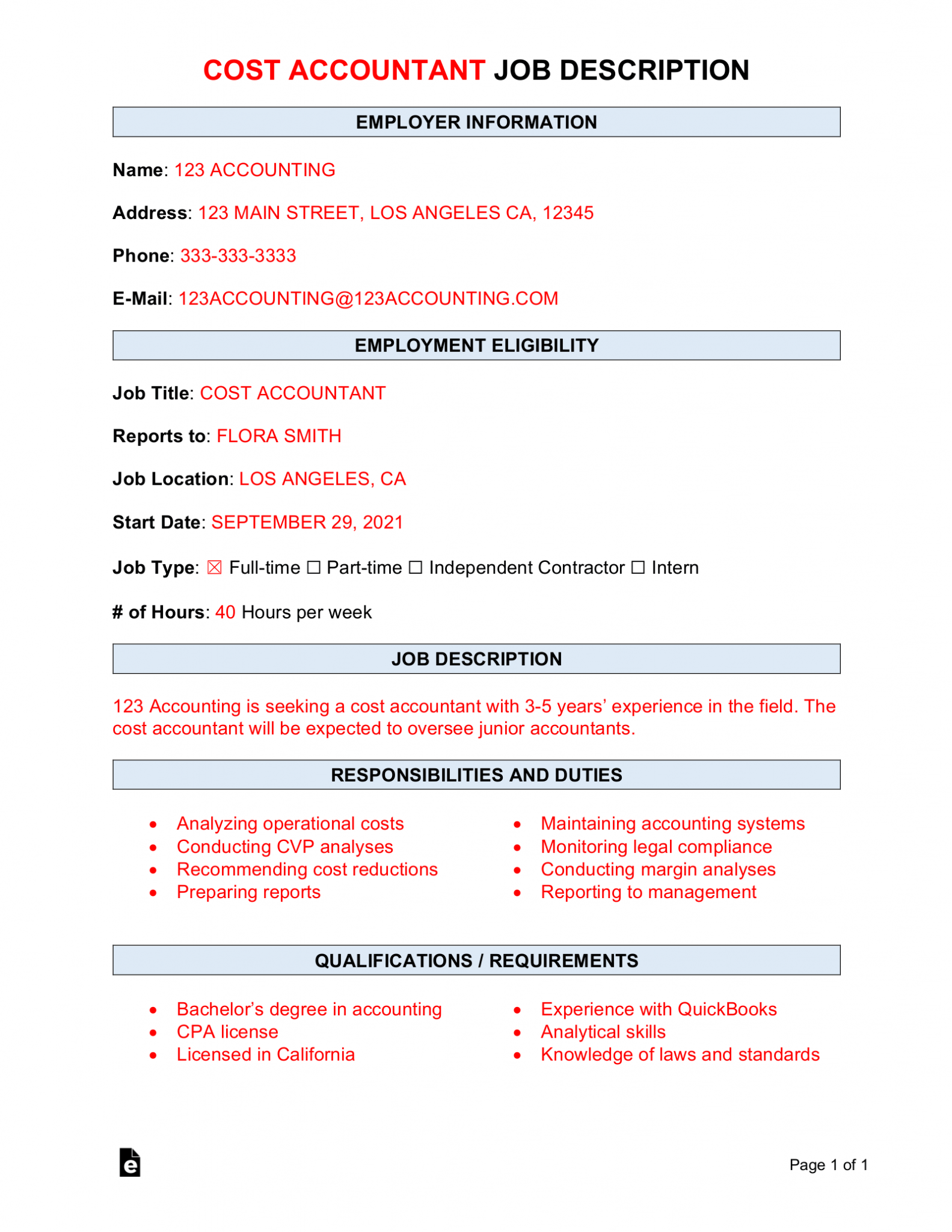 Free Cost Accountant Job Description Template Sample PDF Word