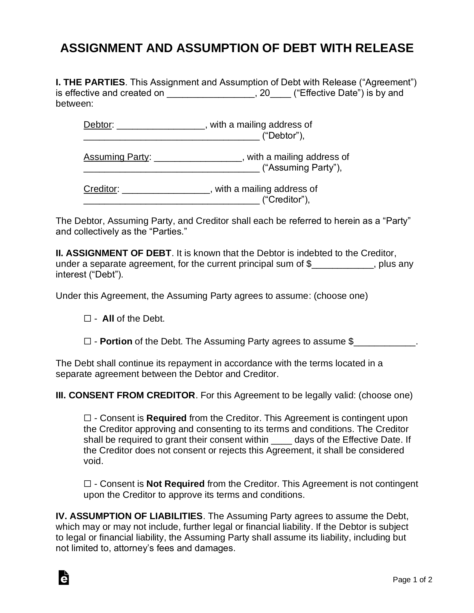 Free Debt Assignment and Assumption Agreement Sample PDF Word