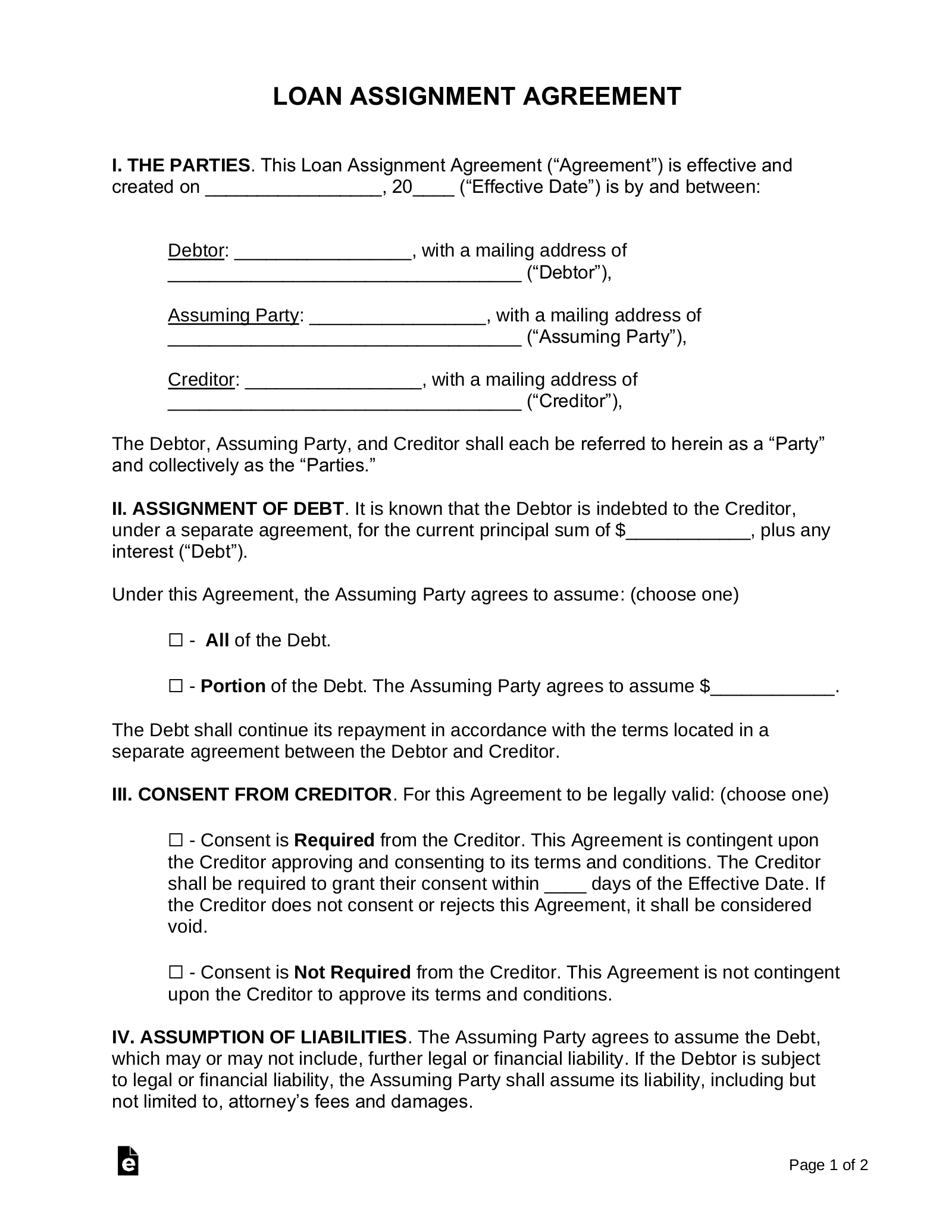 Free Loan Assignment Agreement PDF Word eForms
