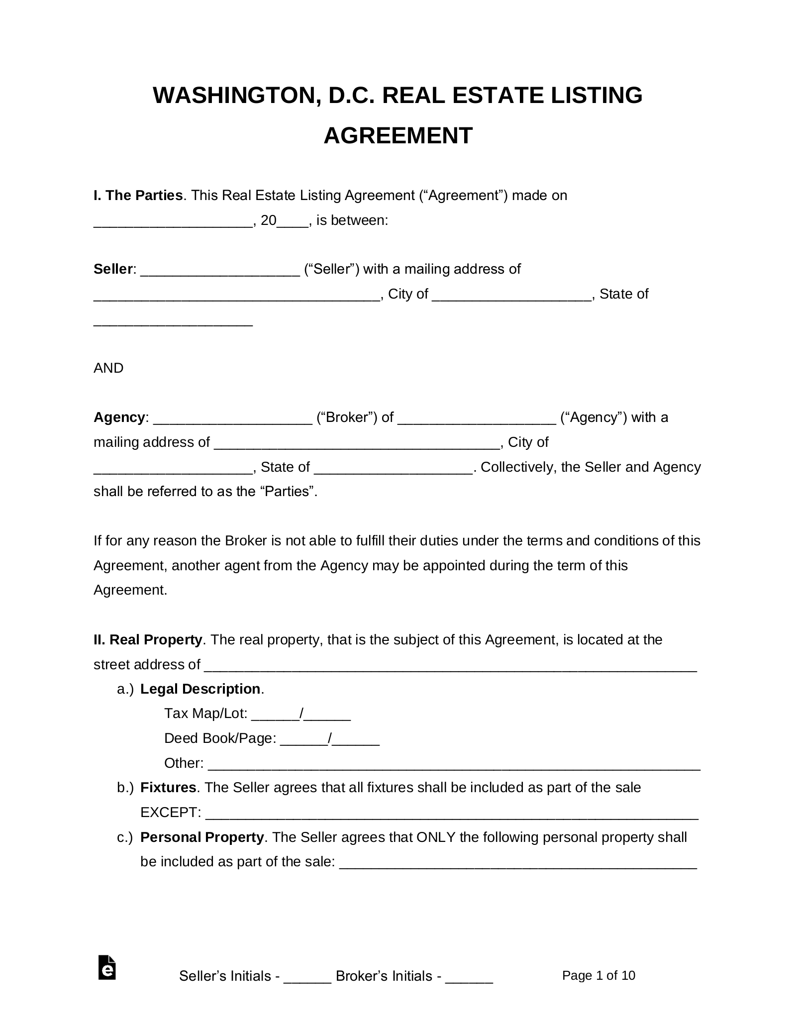 Free Washington D.C. Real Estate Agent Listing Agreement PDF Word