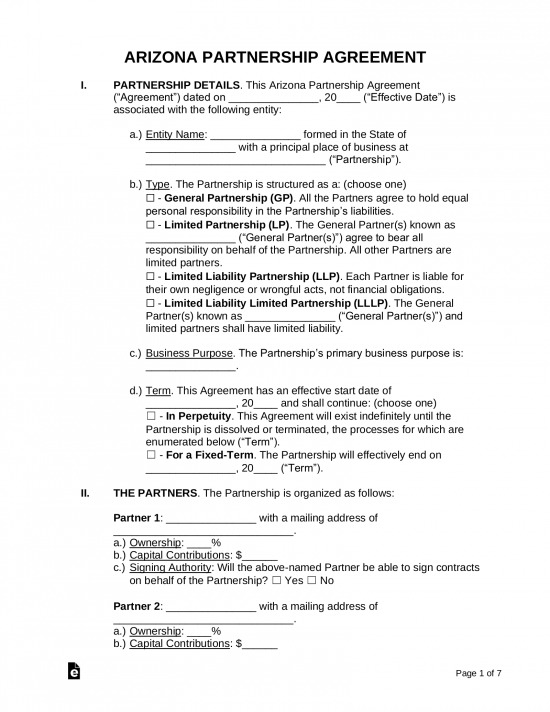 Free Arizona Partnership Agreement Template PDF Word eForms