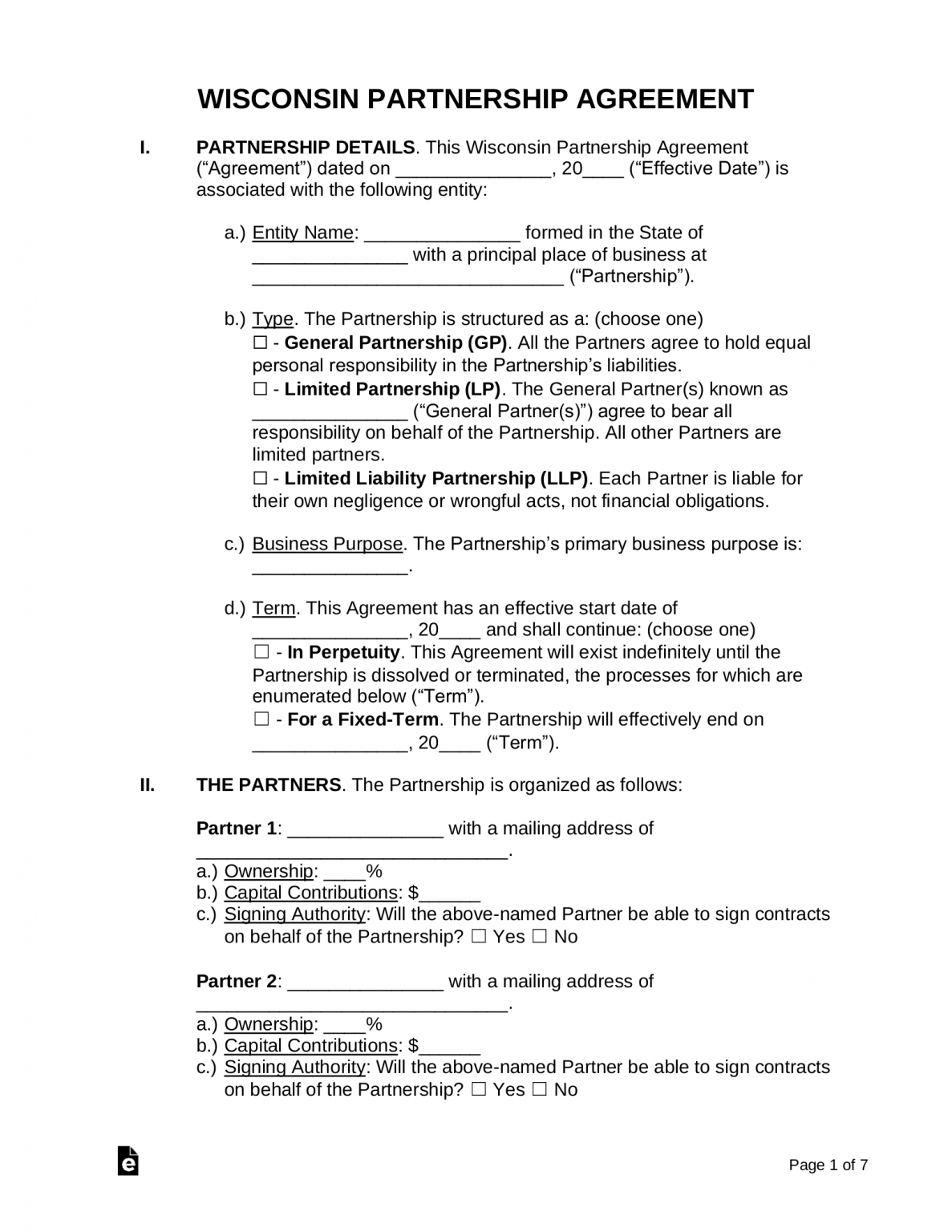 Free Wisconsin Partnership Agreement Template PDF Word eForms