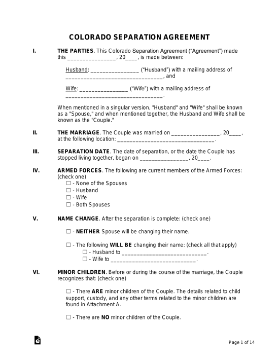 Free Colorado Separation Agreement Template PDF Word eForms