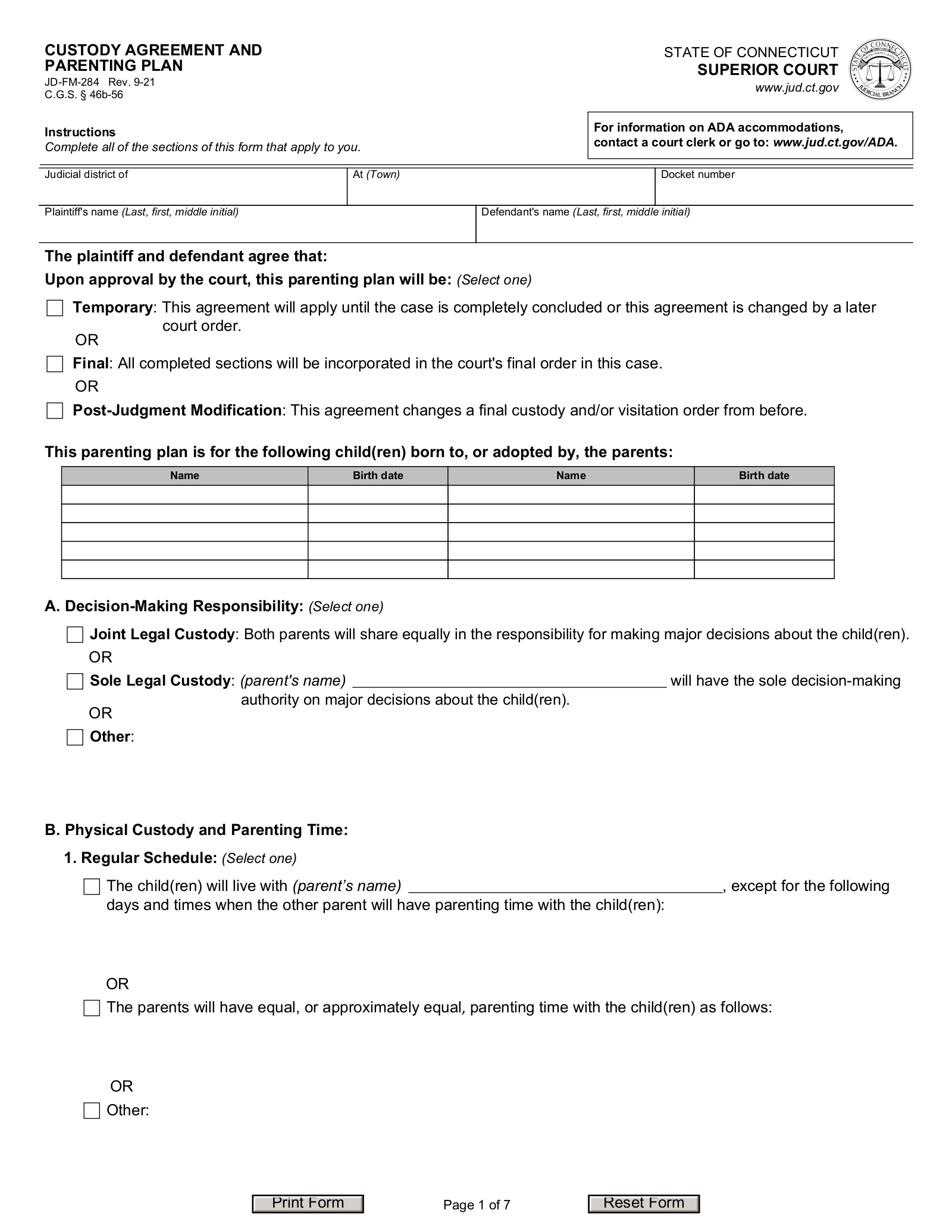 Free Connecticut Custody (Parenting) Plan PDF eForms