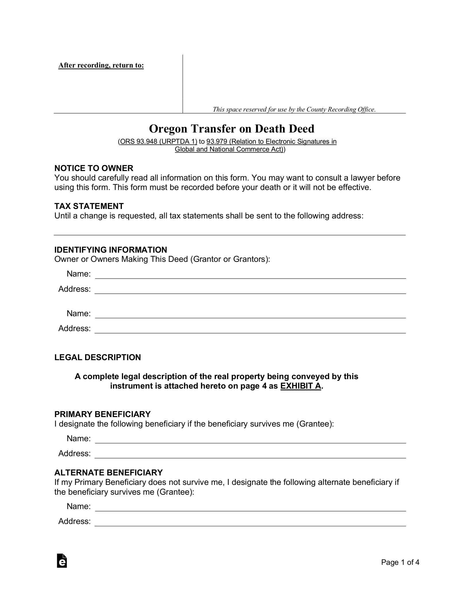 Free Oregon Transfer on Death Deed PDF Word eForms