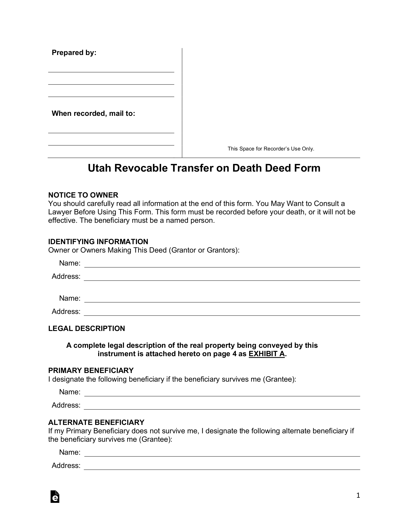 Free Utah Transfer on Death Deed PDF Word eForms