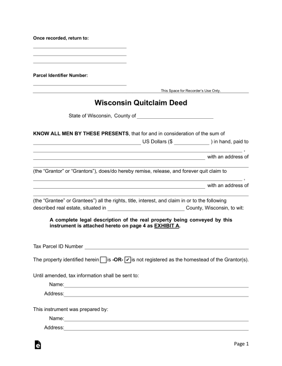 Free Wisconsin Quit Claim Deed Form PDF Word eForms
