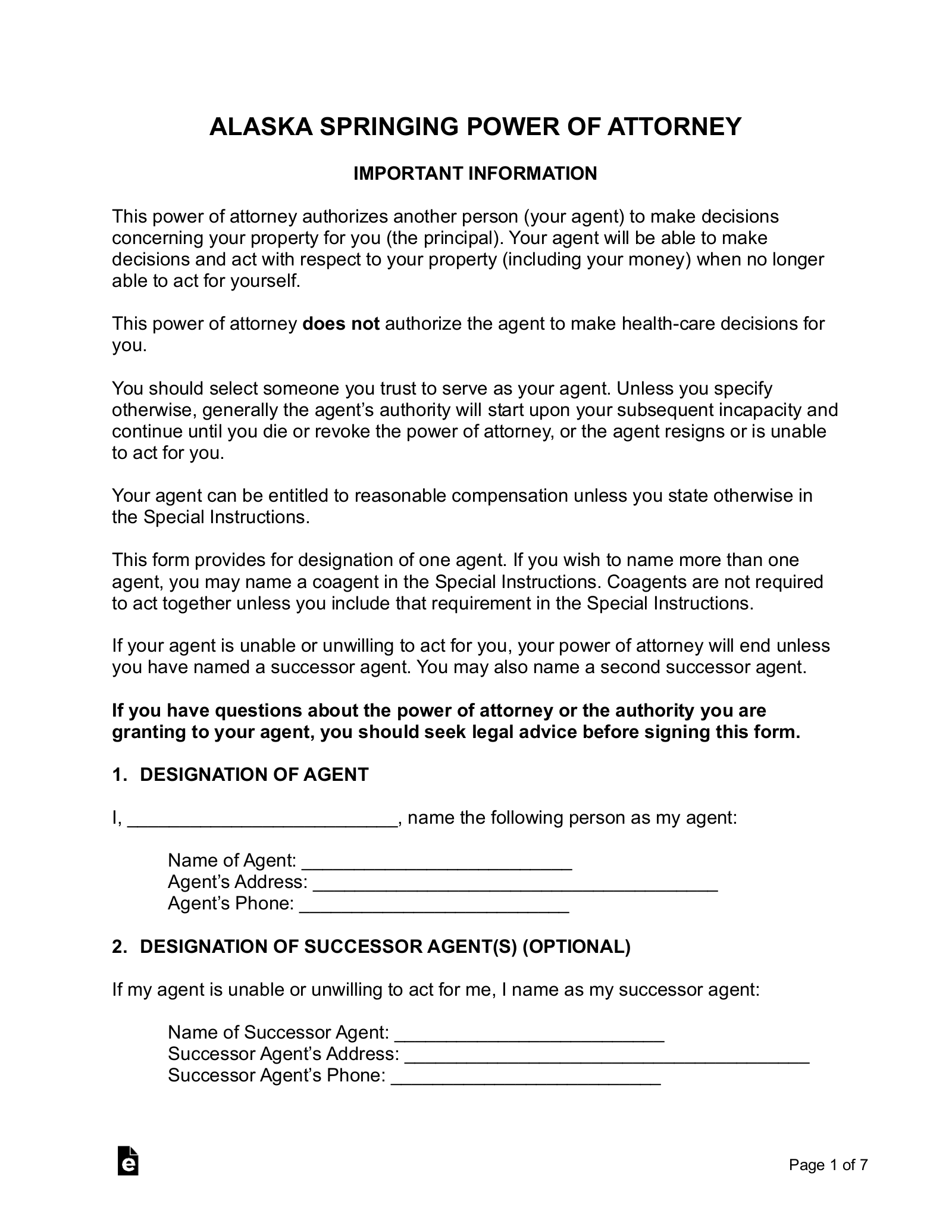 Free Alaska Springing Power of Attorney Form PDF Word eForms