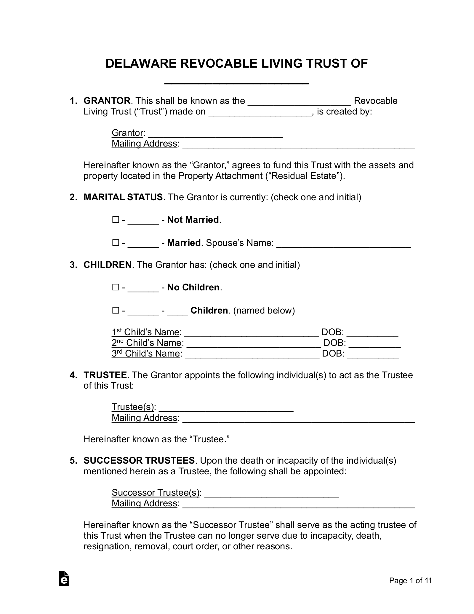 Free Delaware Living Trust Form (Revocable) PDF Word eForms