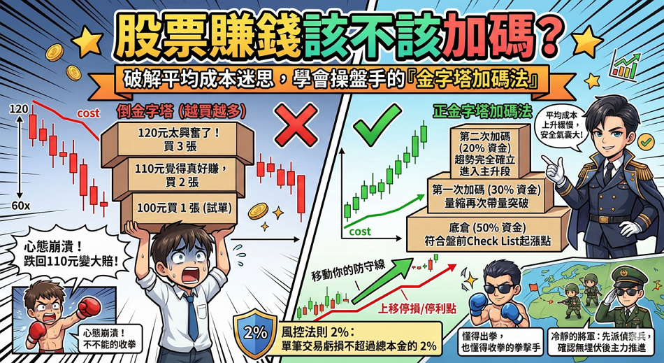 股票賺錢該不該加碼？破解平均成本迷思，學會操盤手的「金字塔加碼法」