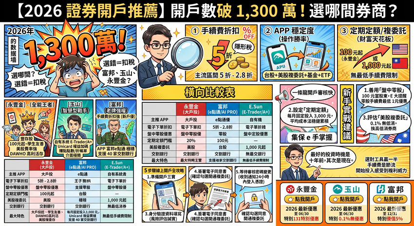2026 證券開戶推薦》富邦/玉山/永豐金手續費比較，新手 5 步驟線上開戶全攻略