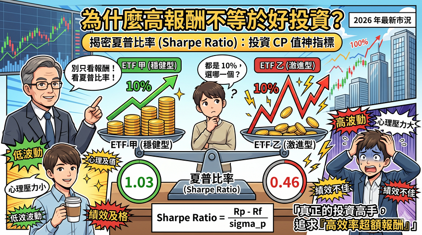 夏普比率（Sharpe Ratio）是什麼？2026 台股 ETF 實戰試算：為什麼年化報酬 10% 的標的優劣差這麼多？