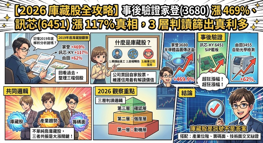 【2026 庫藏股全攻略】事後驗證家登 (3680) 漲 469%、訊芯 (6451) 漲 117% 真相，3 層判讀篩出真利多