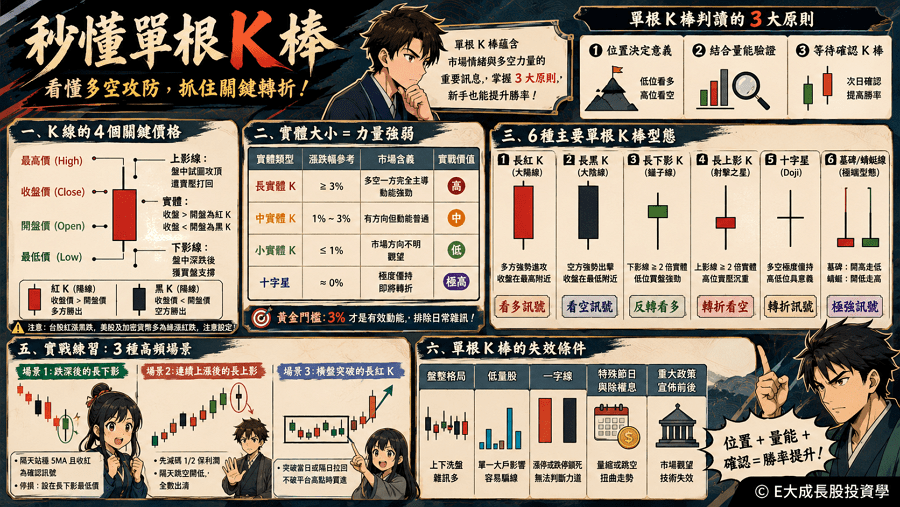 單一 K 線形態教學：掌握影線與實體邏輯，精準判斷股價反轉訊號