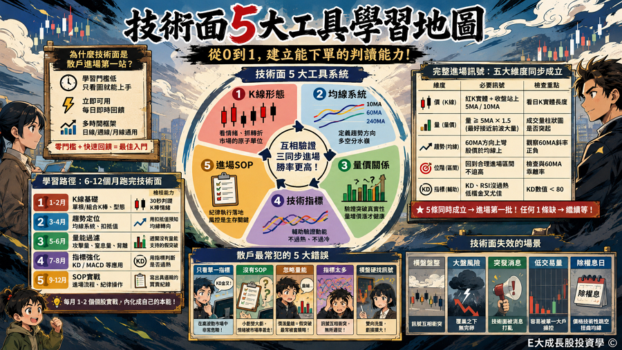 散戶進場第 1 站：技術面 5 大工具完整入門地圖（K 線／均線／量價／指標／進場 SOP）